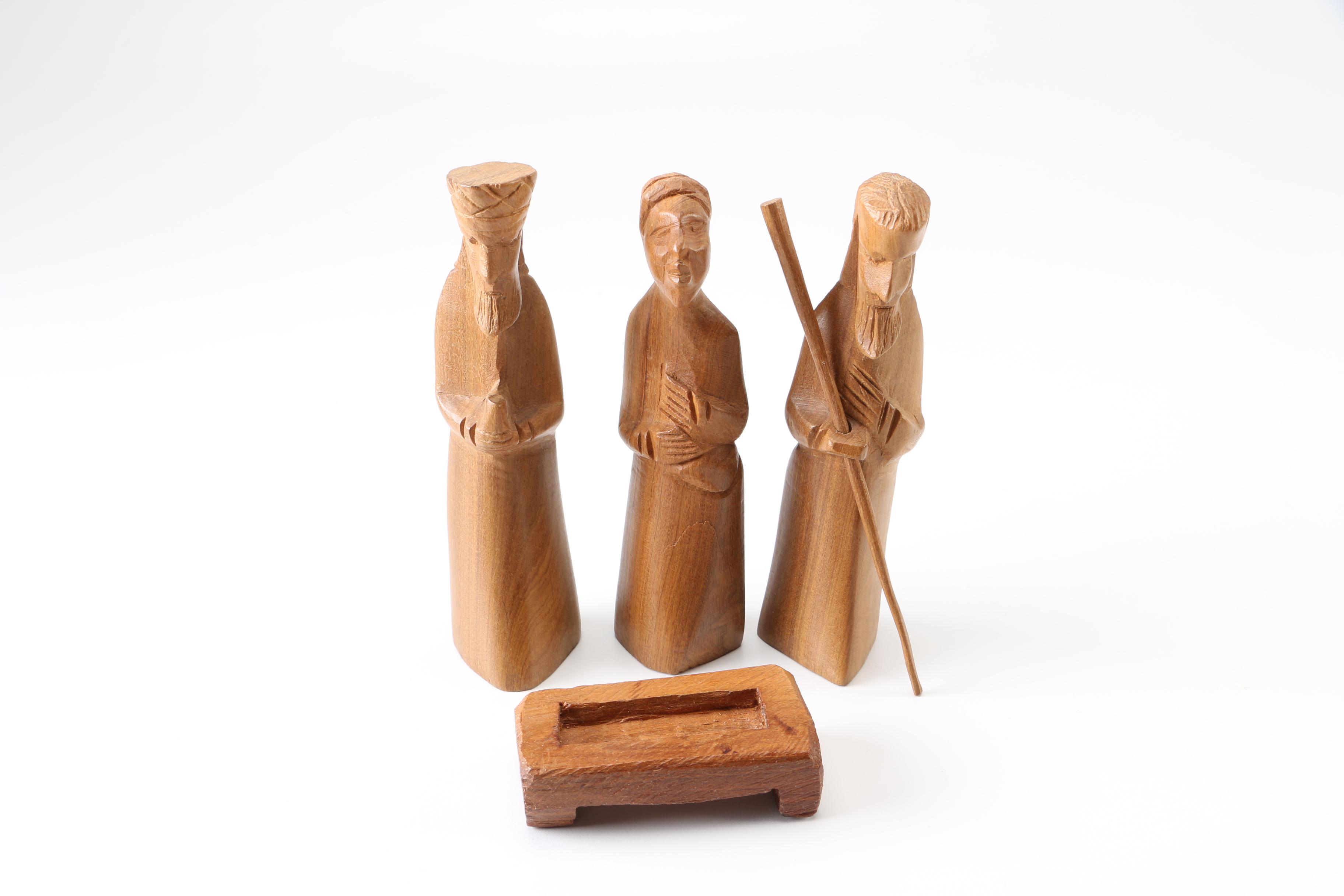 Wooden Manger Nativity Scene and Figurines
