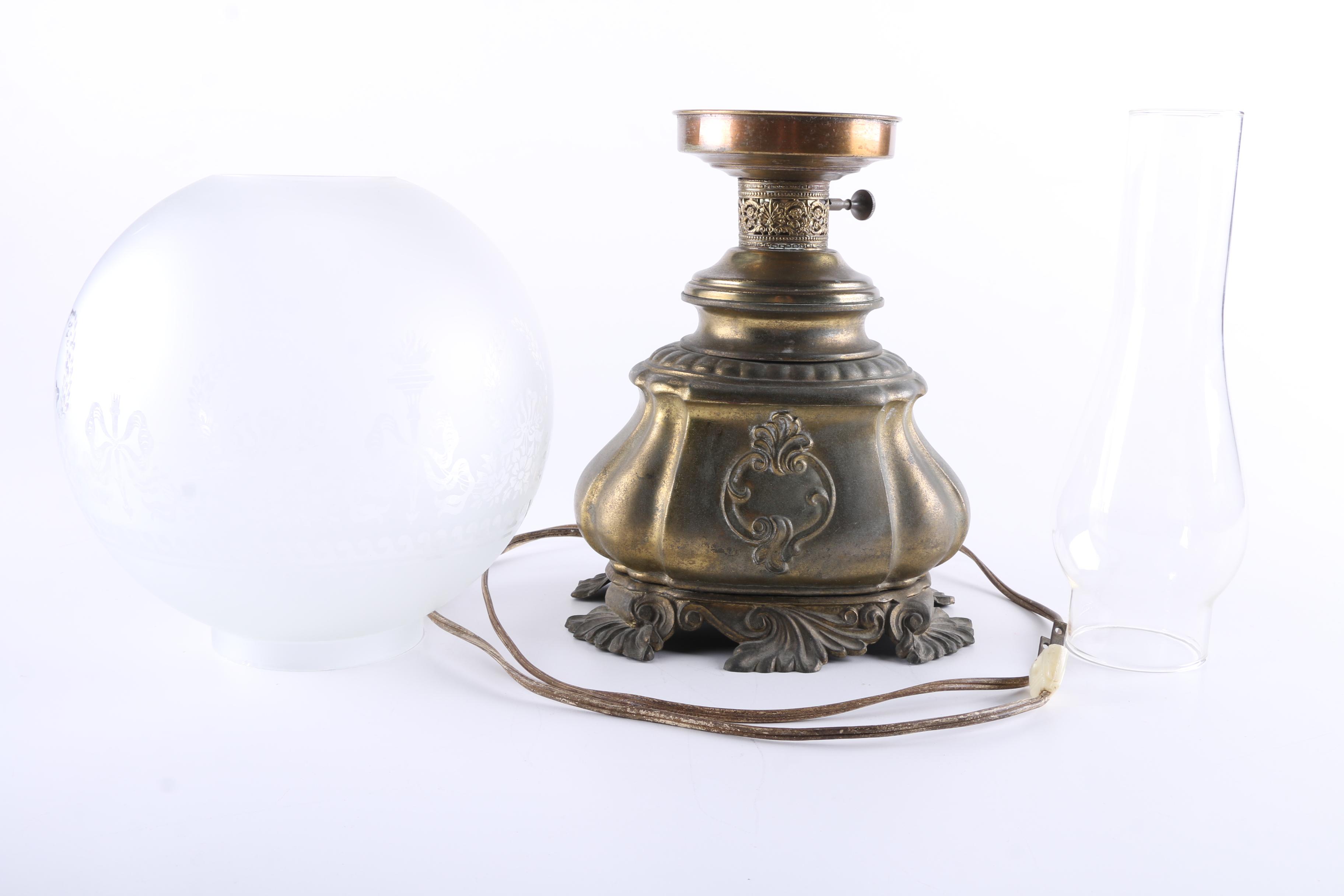 Pair of Vintage Brass Lamps With Glass Shades