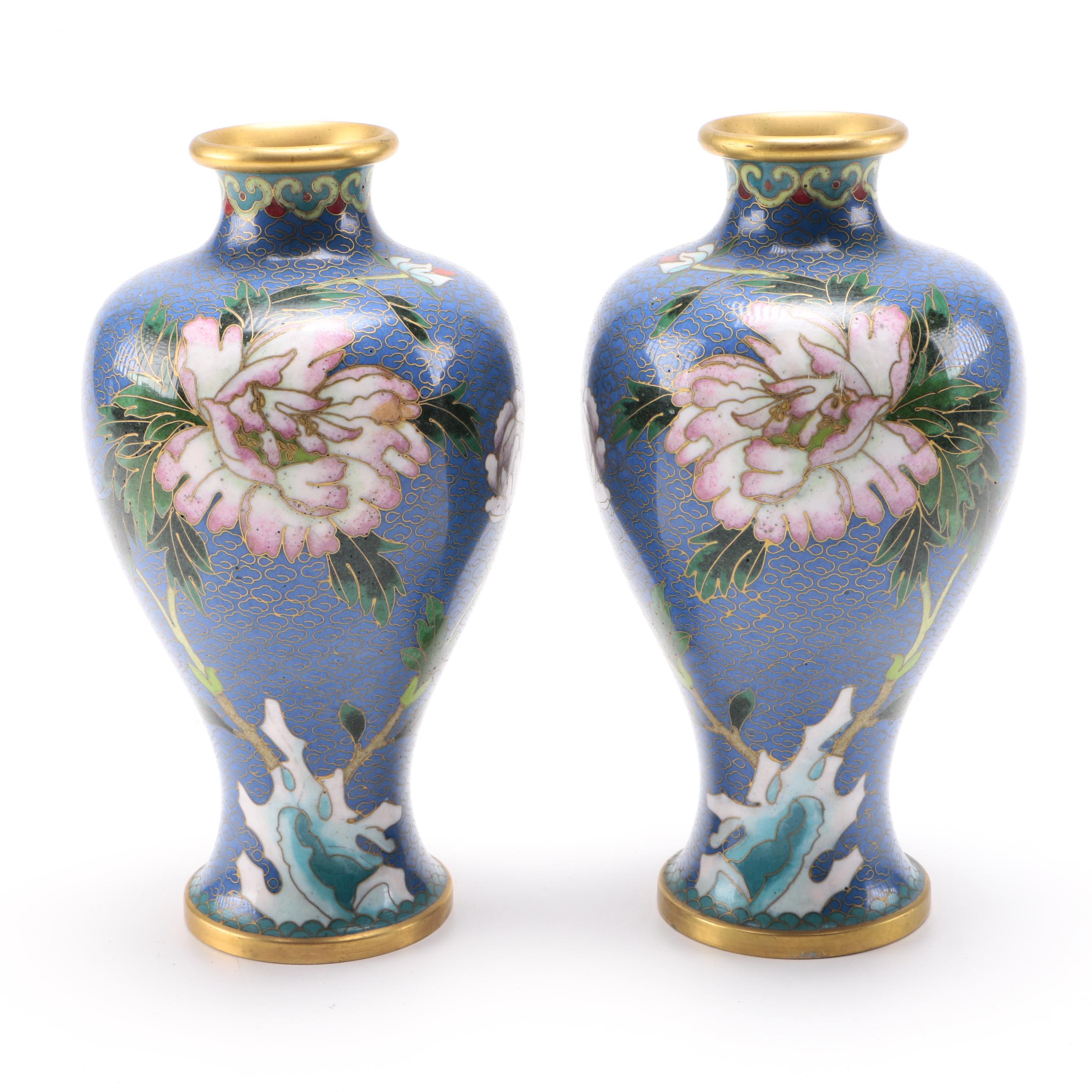 Two Matched Cloisonné Painted Vases With Floral and Bird Motifs