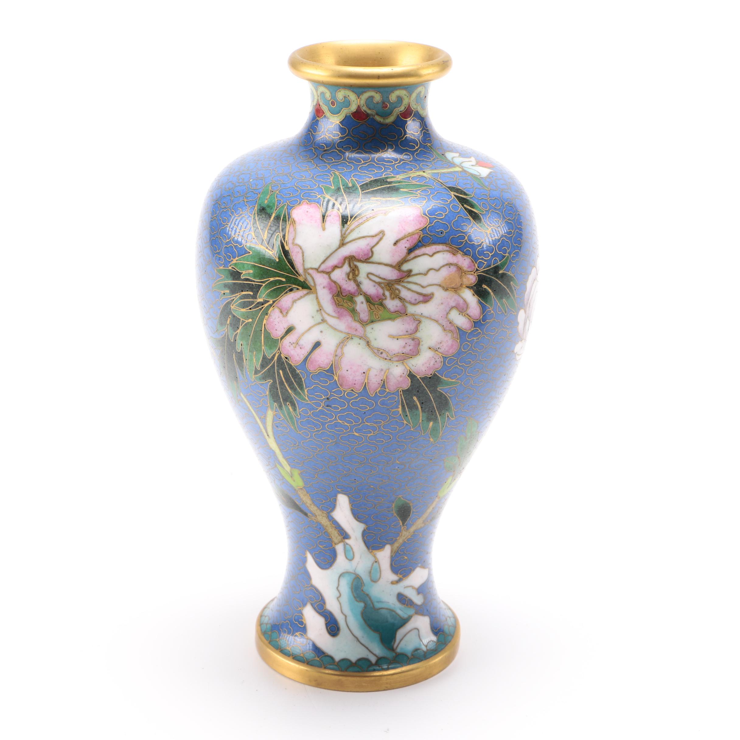 Two Matched Cloisonné Painted Vases With Floral and Bird Motifs