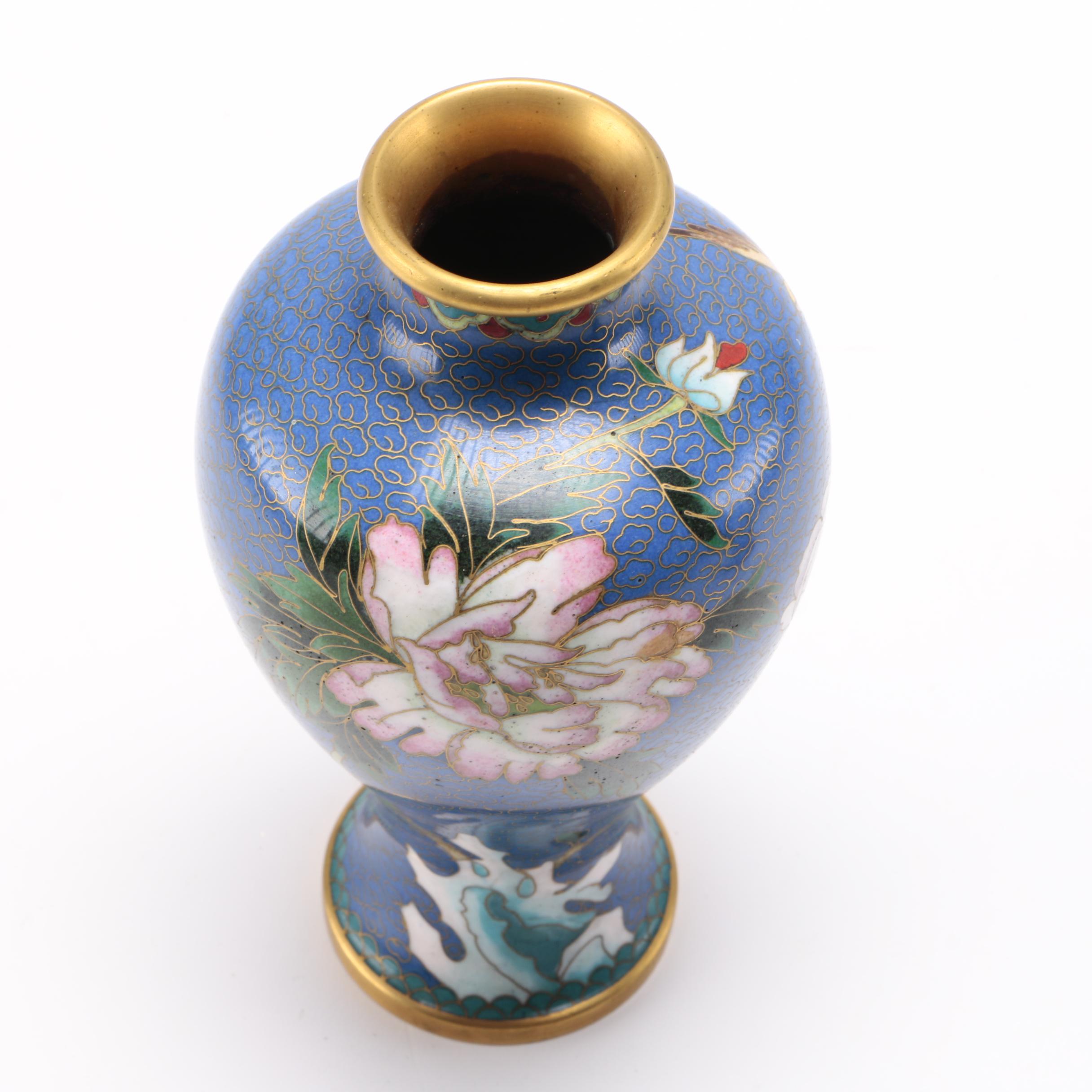 Two Matched Cloisonné Painted Vases With Floral and Bird Motifs