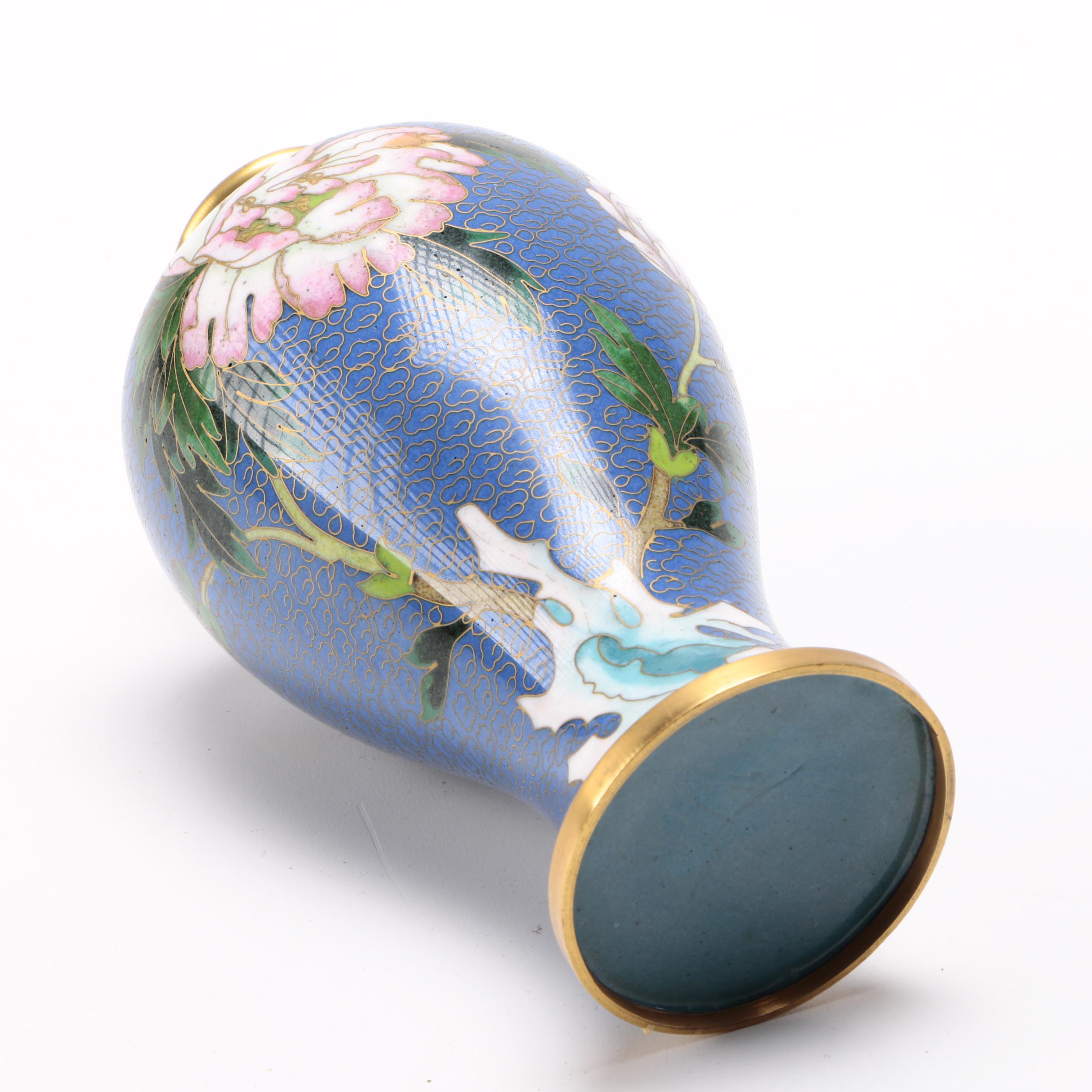 Two Matched Cloisonné Painted Vases With Floral and Bird Motifs