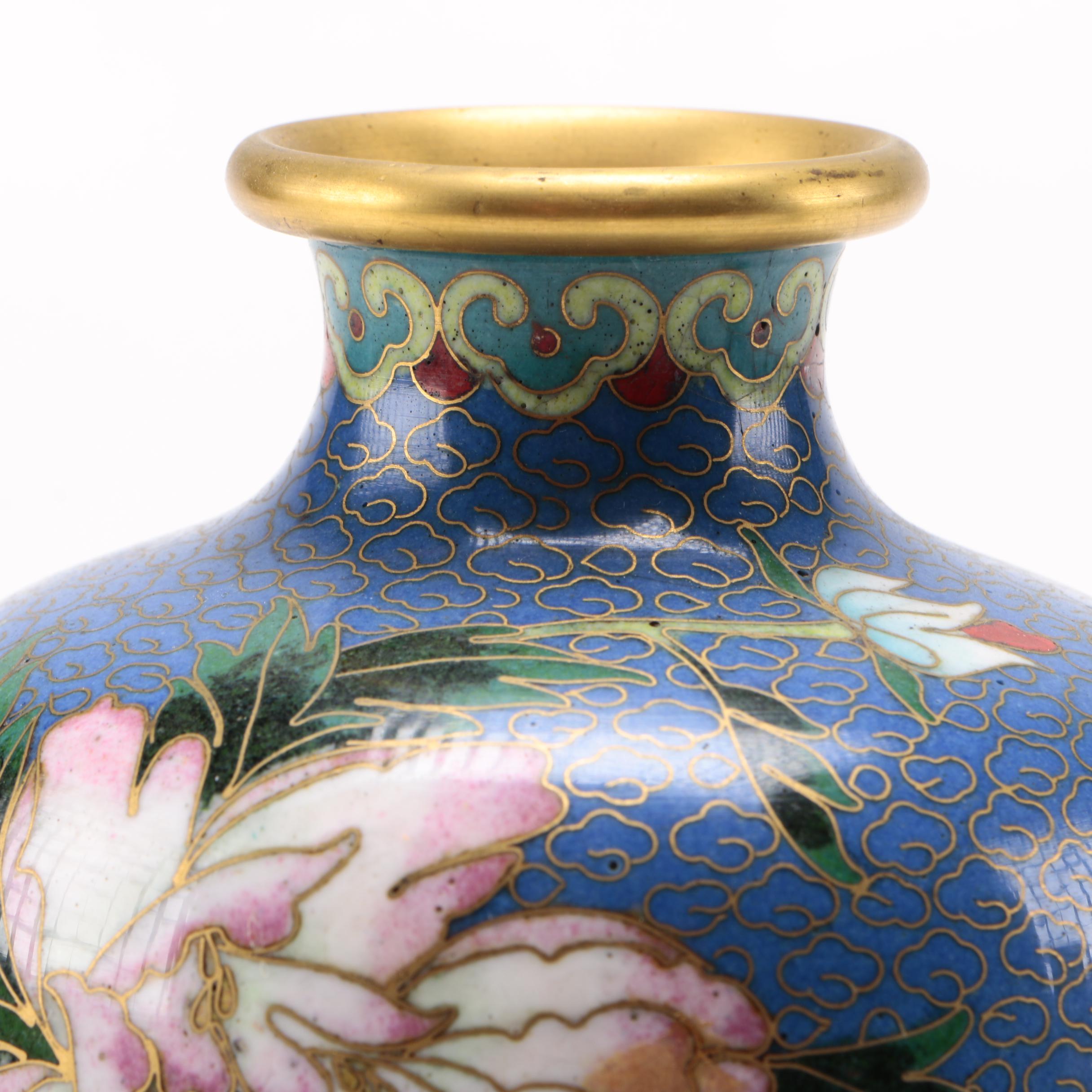 Two Matched Cloisonné Painted Vases With Floral and Bird Motifs