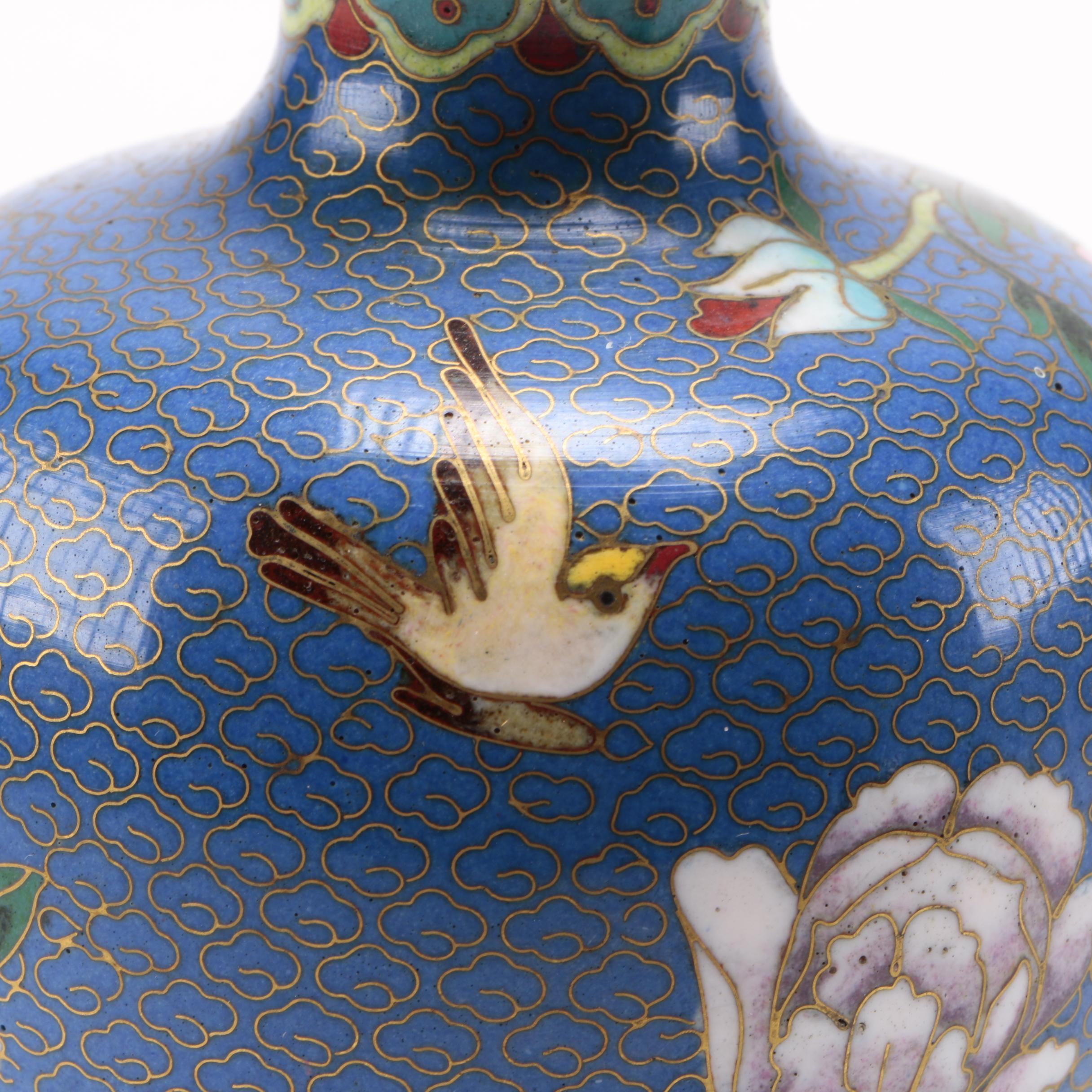 Two Matched Cloisonné Painted Vases With Floral and Bird Motifs