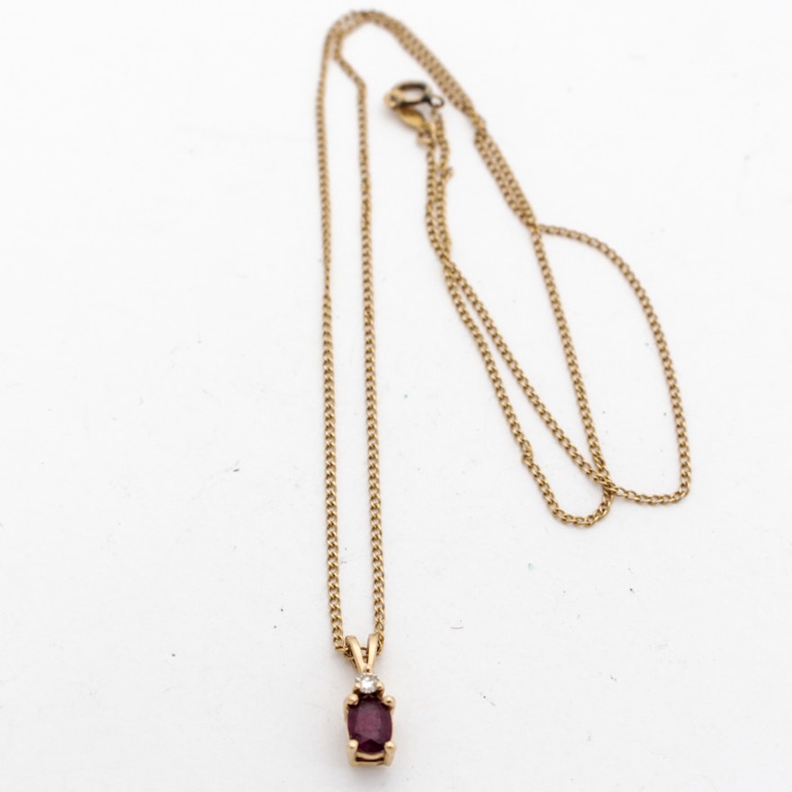 14K Yellow Gold Natural Ruby and Diamond Pendant Necklace