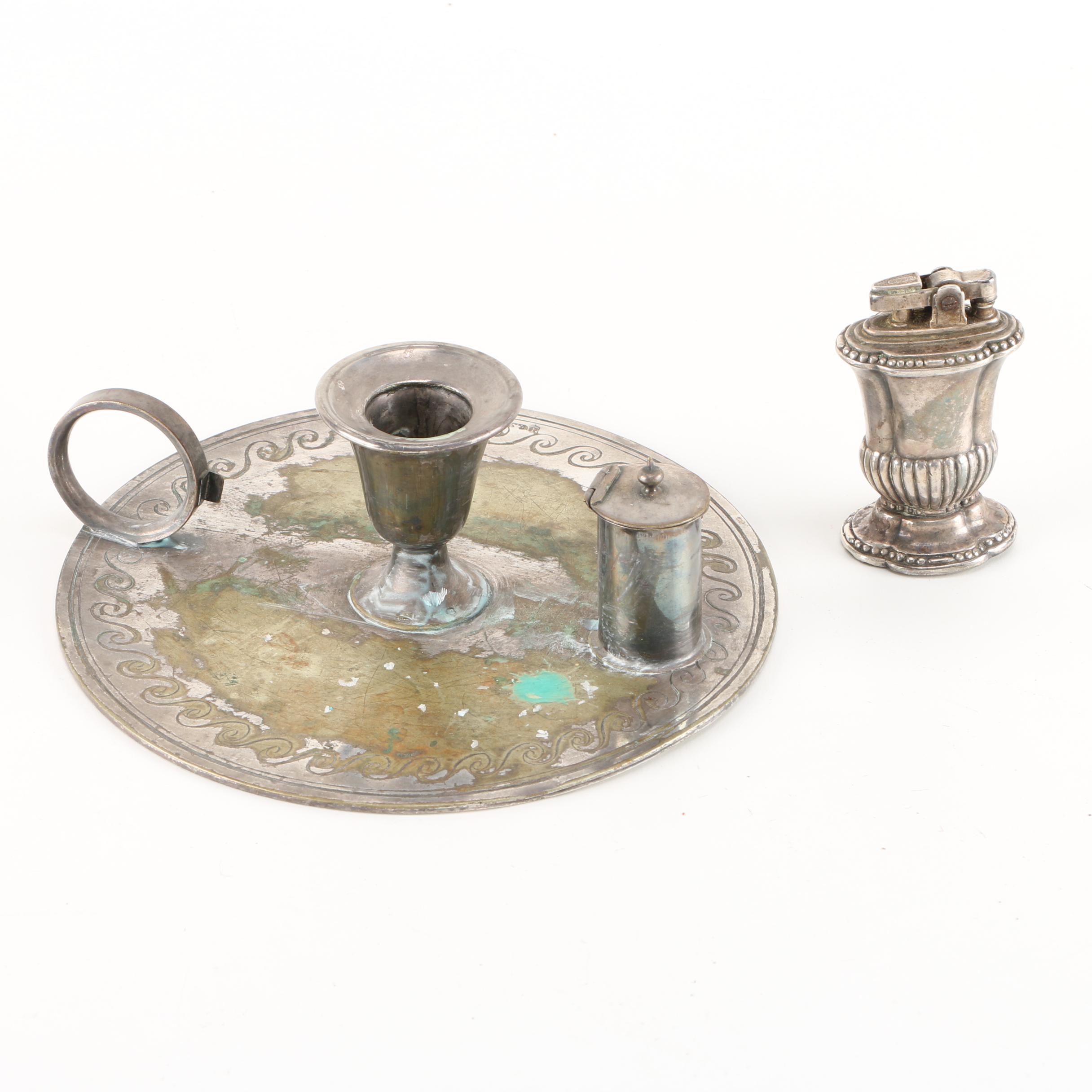 Silver Plate John Sherwood and Sons Silver Plate Chamberstick and Ronson Table Lighter