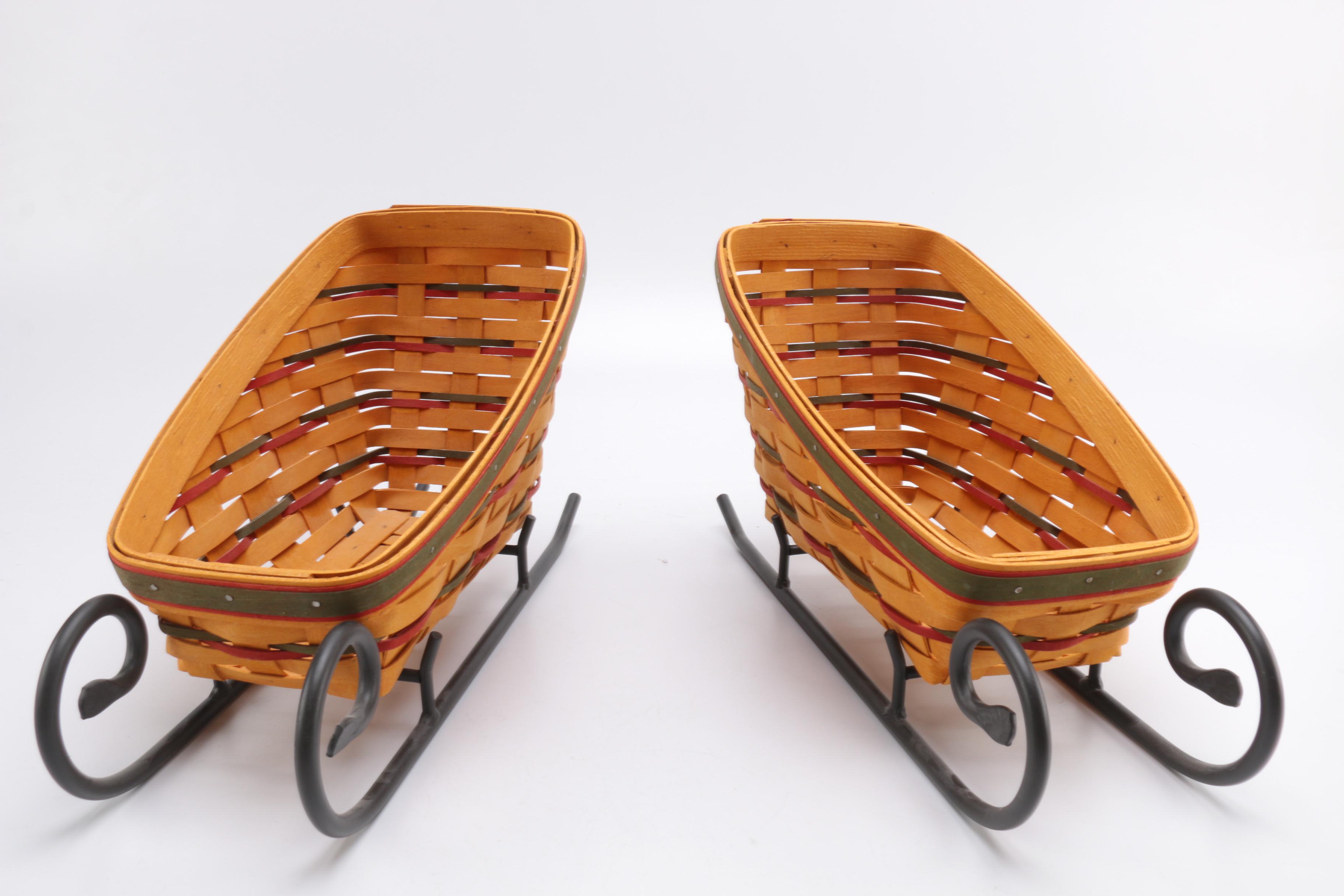 Longaberger Handwoven Sleigh Baskets with Metal Stands