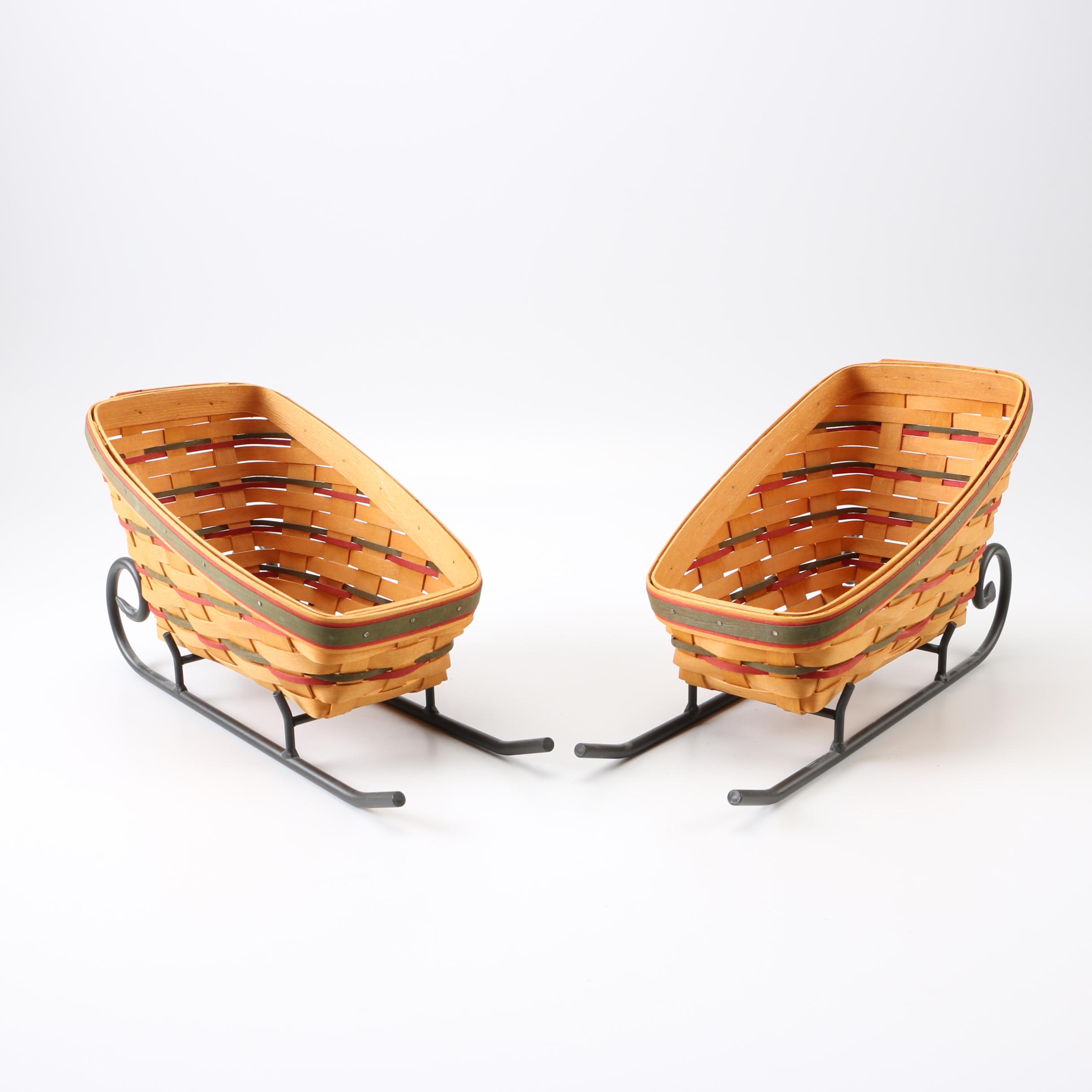Longaberger Handwoven Sleigh Baskets with Metal Stands