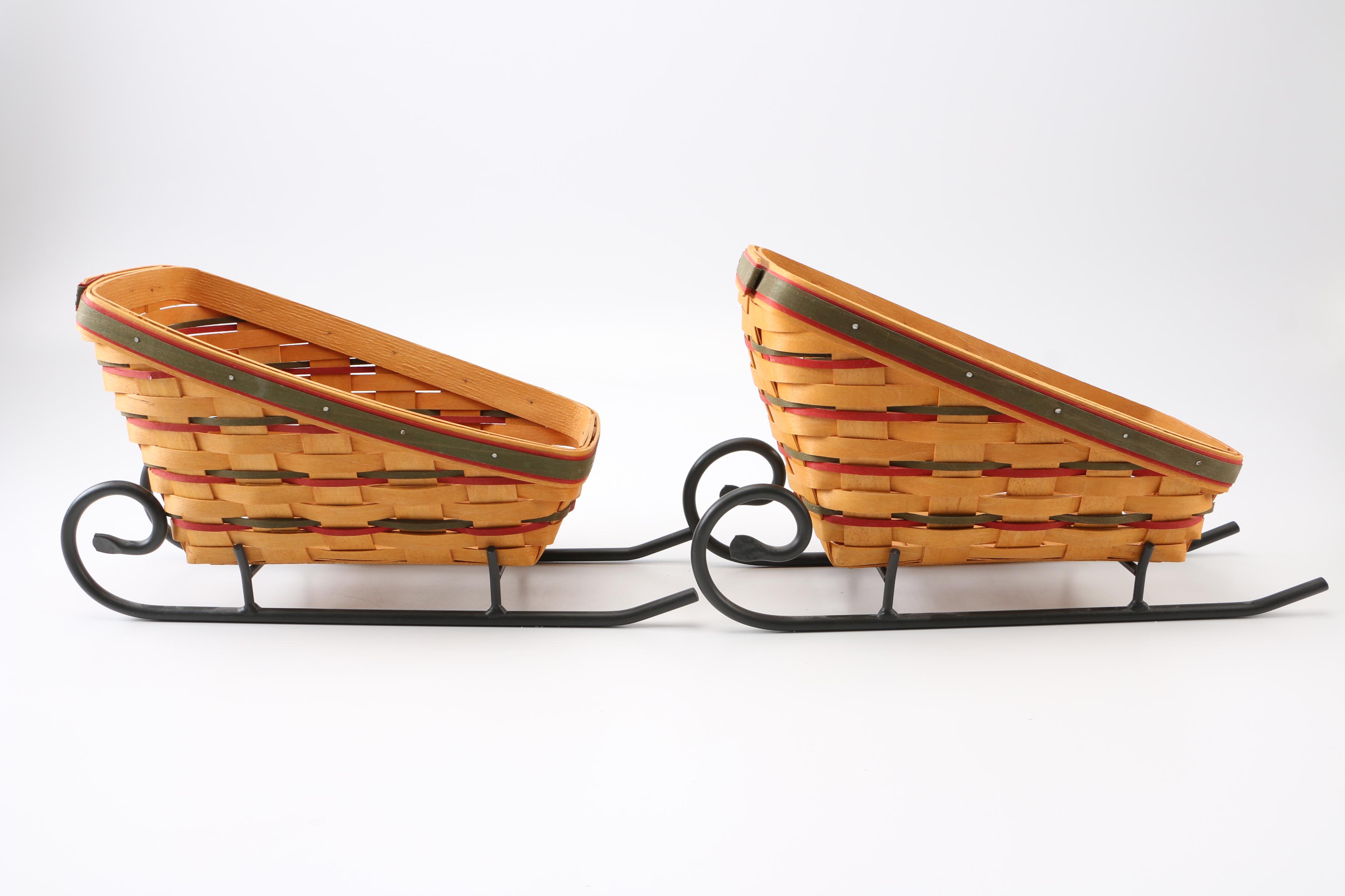 Longaberger Handwoven Sleigh Baskets with Metal Stands