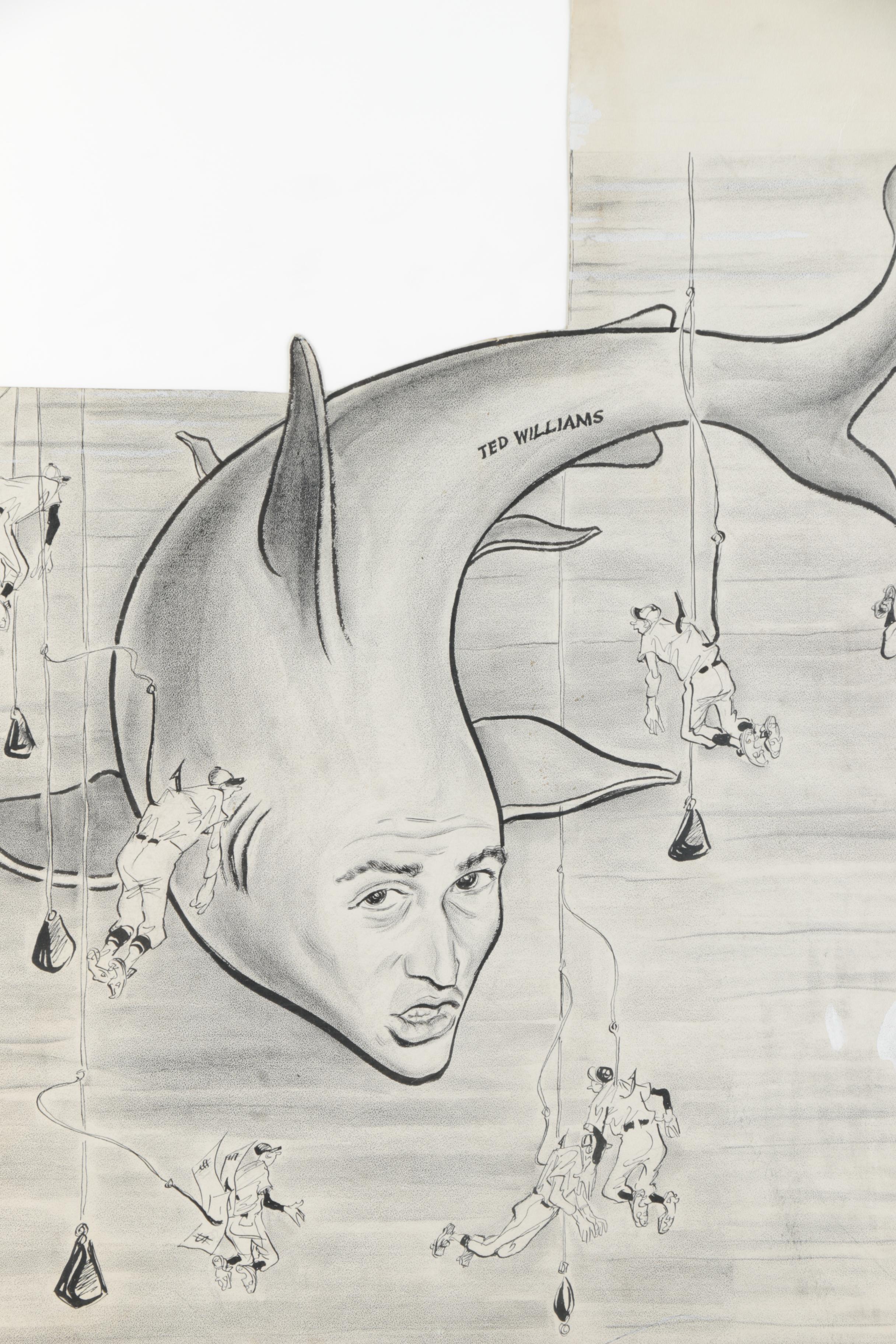 Vintage Willard Mullin Ink Drawing on Paper of Ted Williams as a Shark