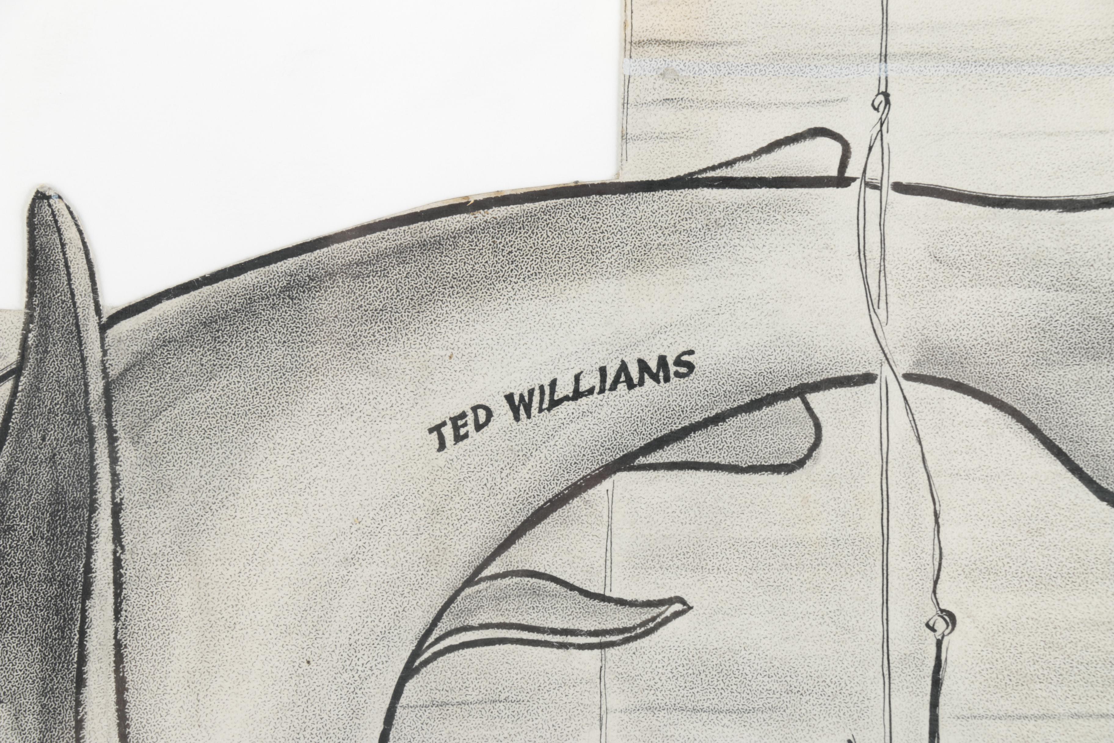 Vintage Willard Mullin Ink Drawing on Paper of Ted Williams as a Shark