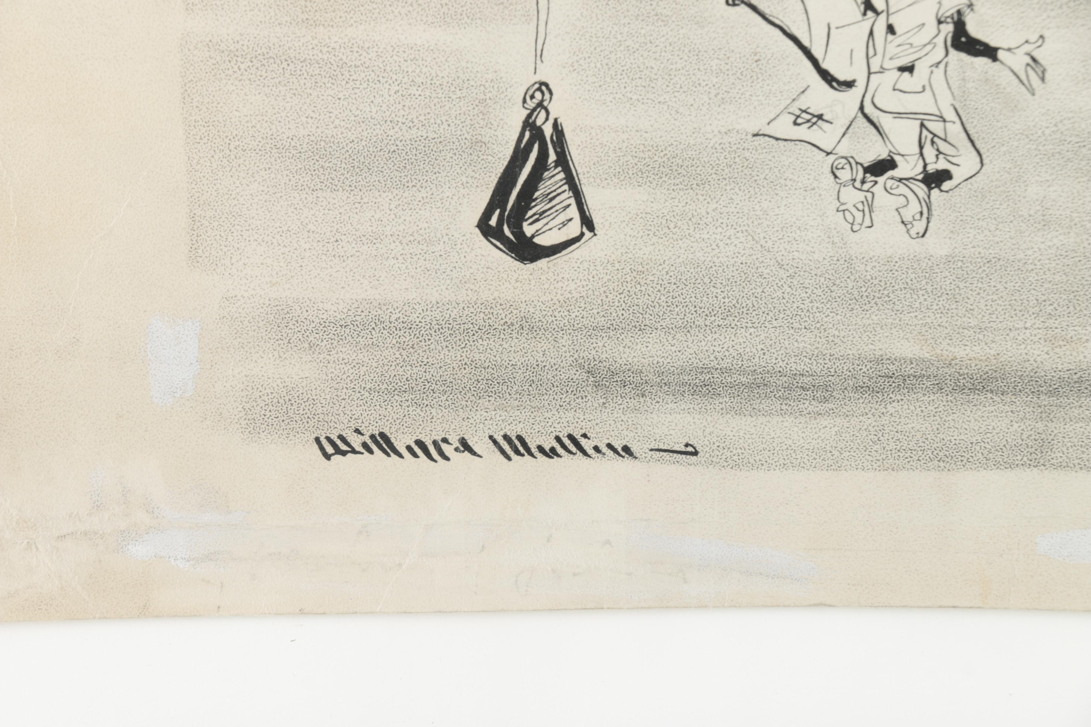 Vintage Willard Mullin Ink Drawing on Paper of Ted Williams as a Shark