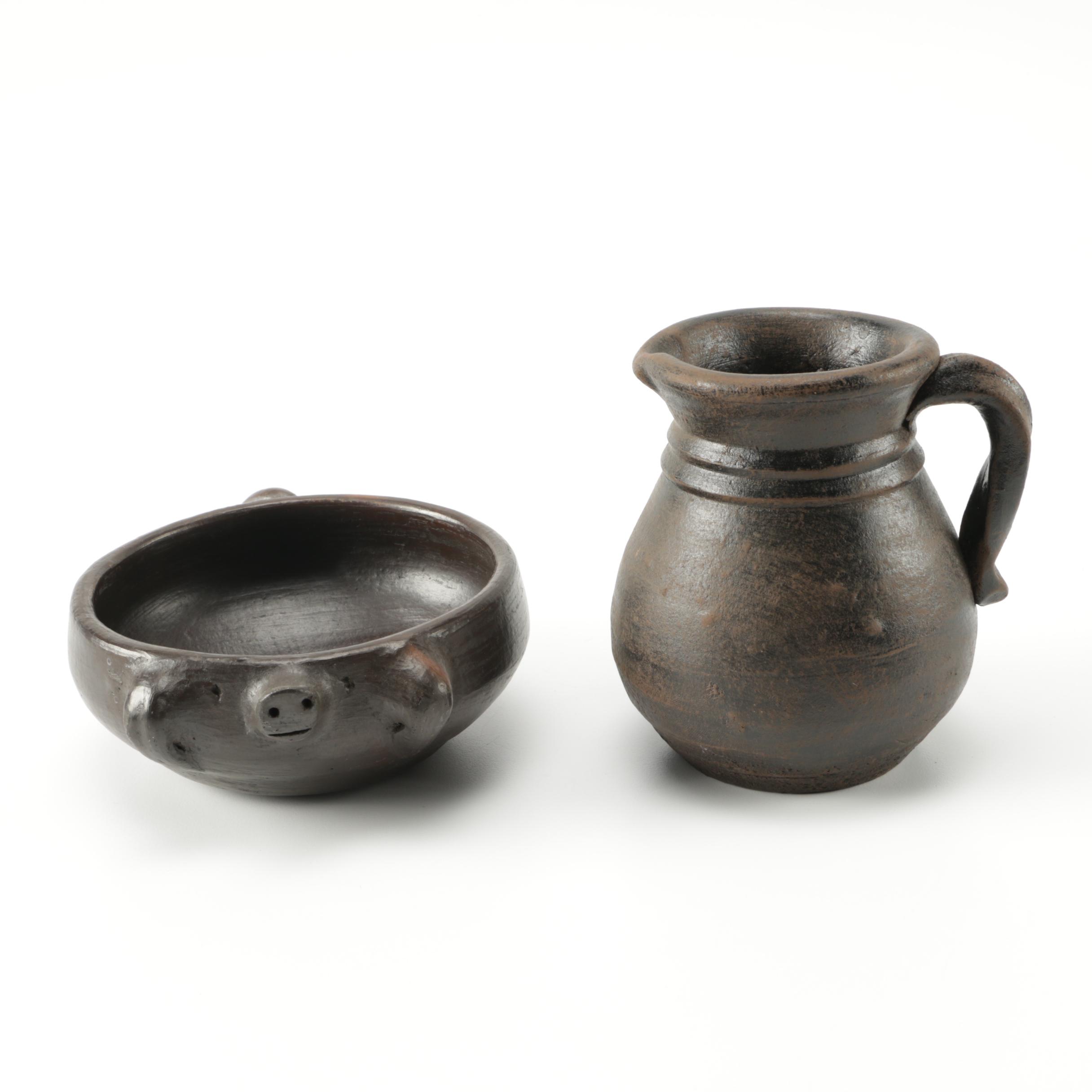 Hand Thrown Stoneware Pitcher and Figural Bowl