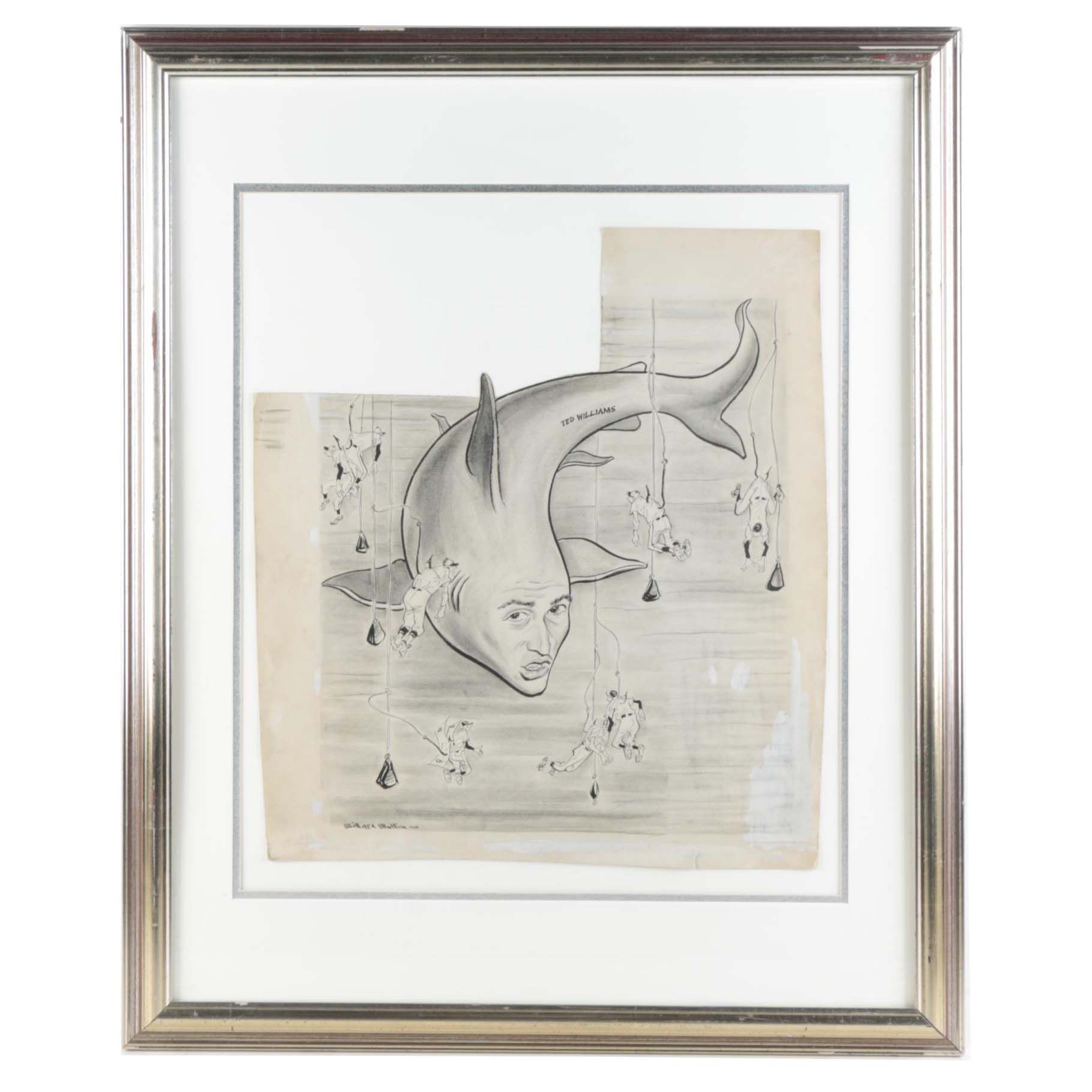 Vintage Willard Mullin Ink Drawing on Paper of Ted Williams as a Shark