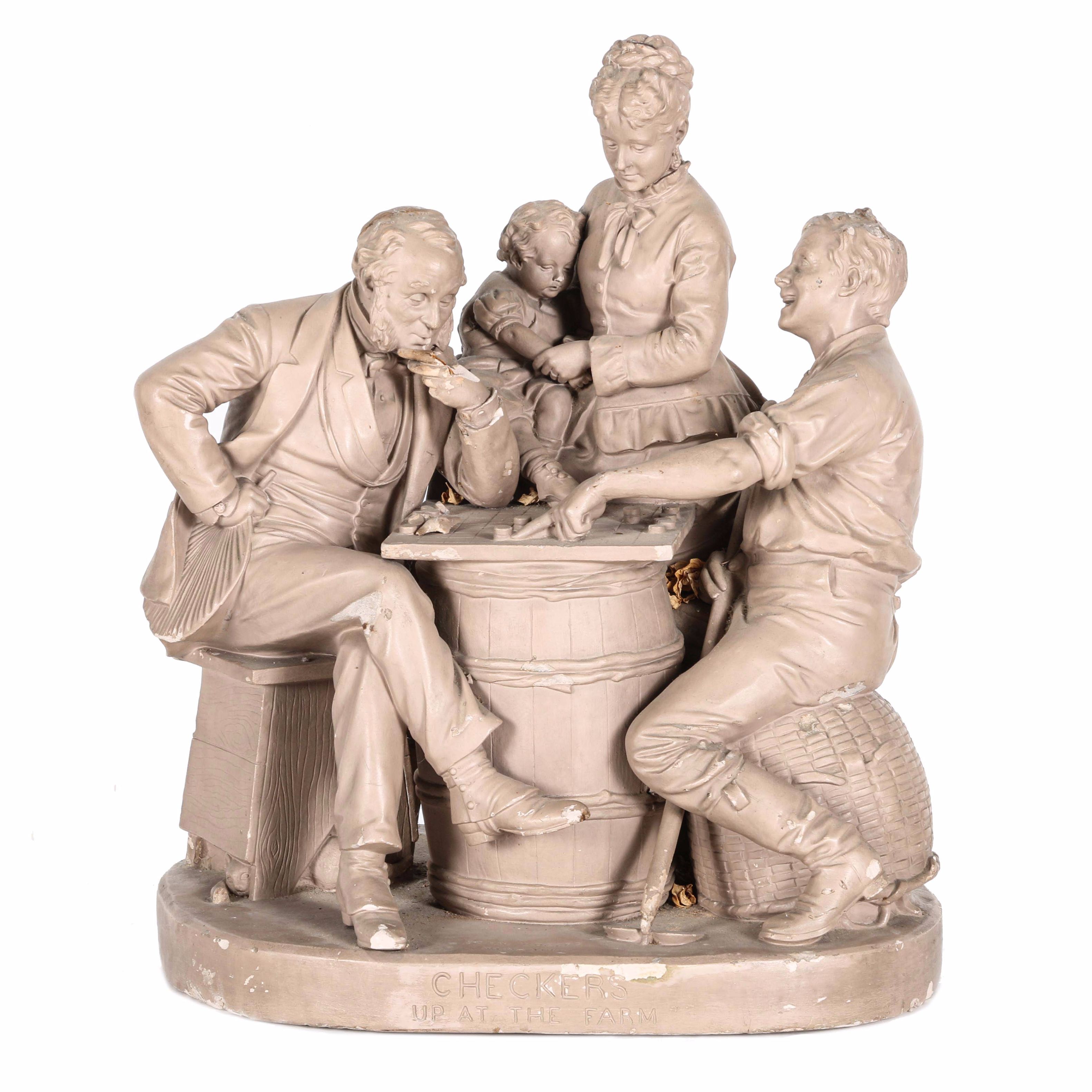 John Rogers Plaster Sculpture "Checkers up at the Farm"