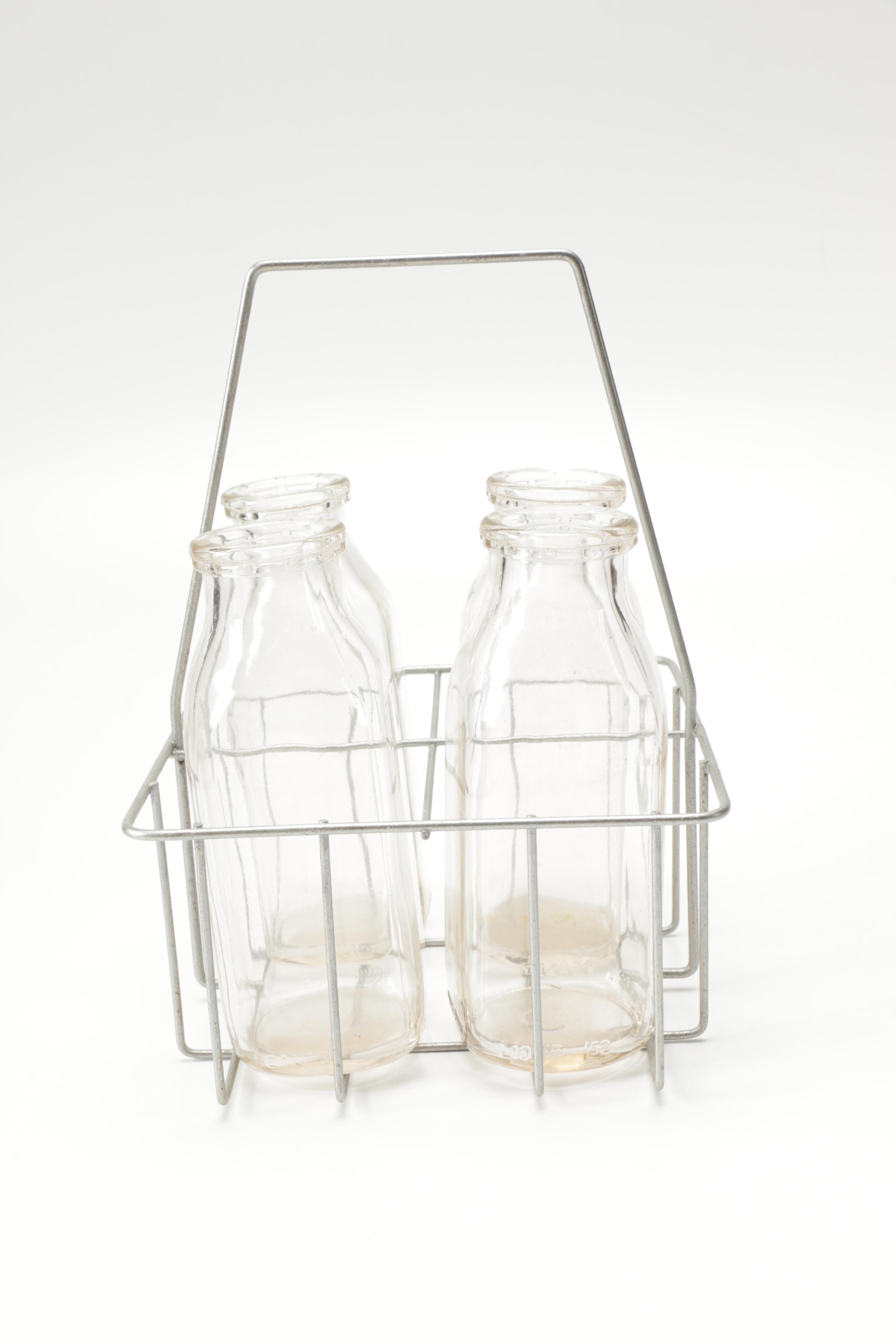 Vintage Glass Milk Bottles With Basket