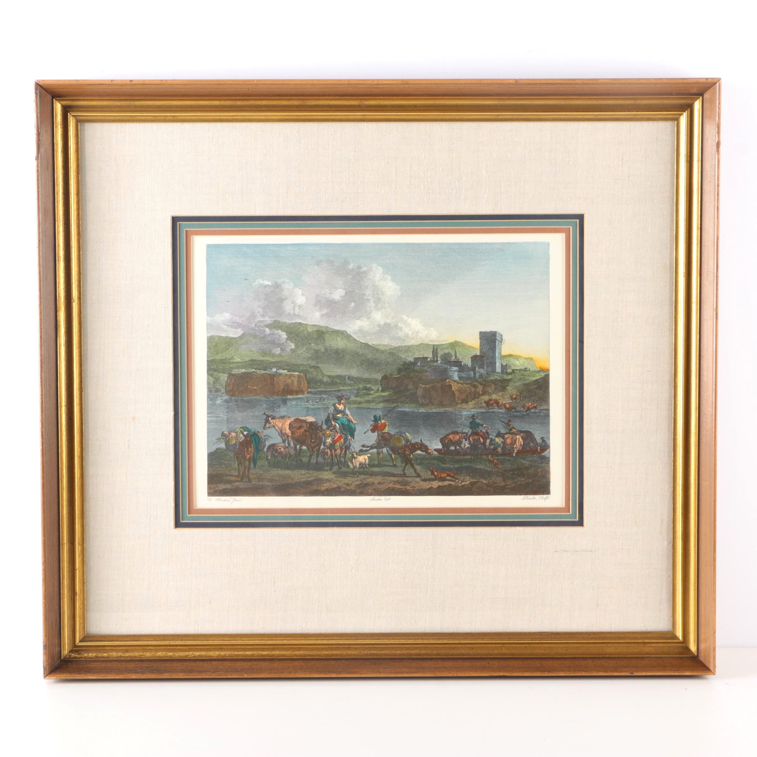 After N. Berchem Hand Colored Wood Engraving on Paper