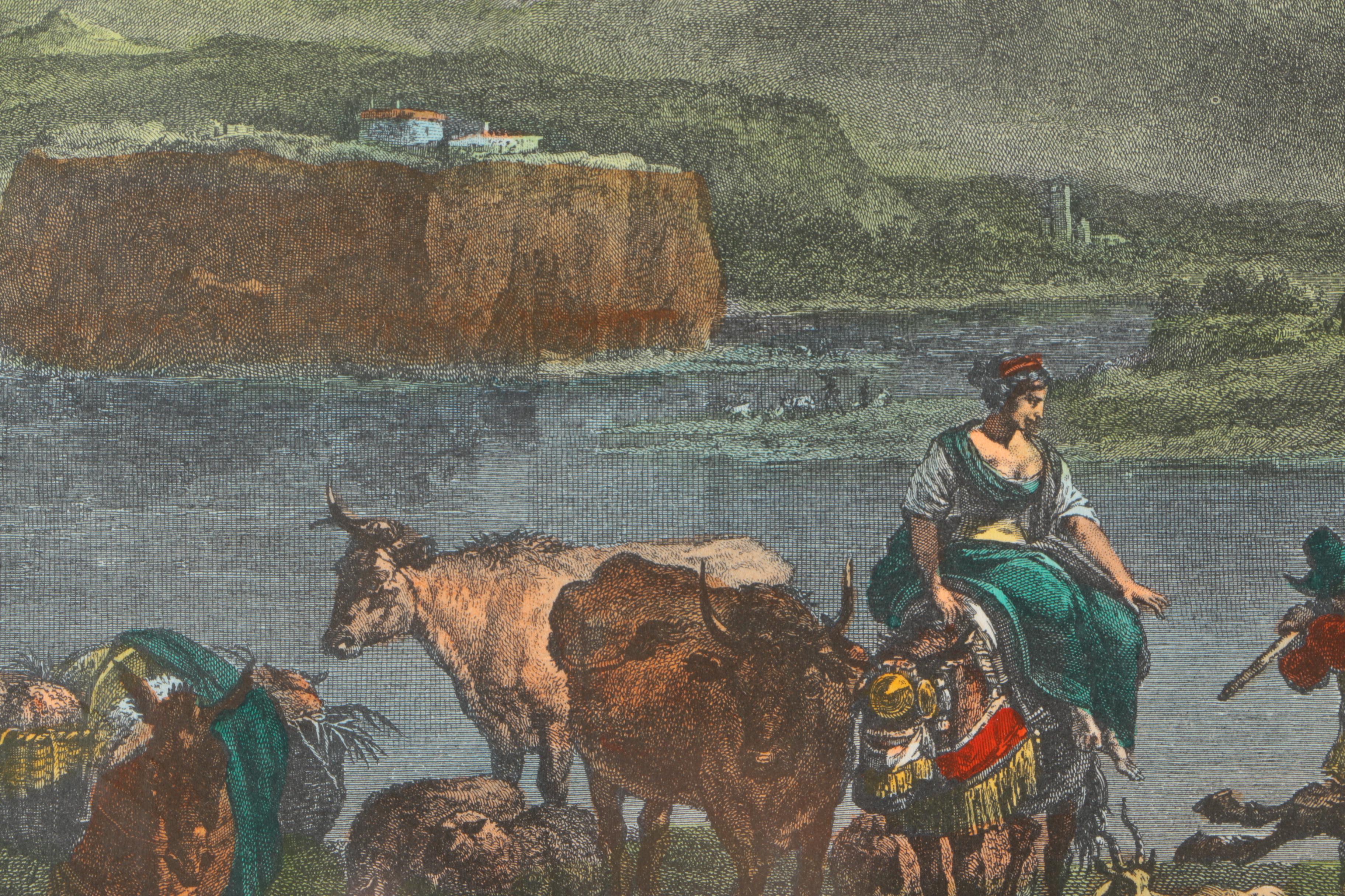 After N. Berchem Hand Colored Wood Engraving on Paper