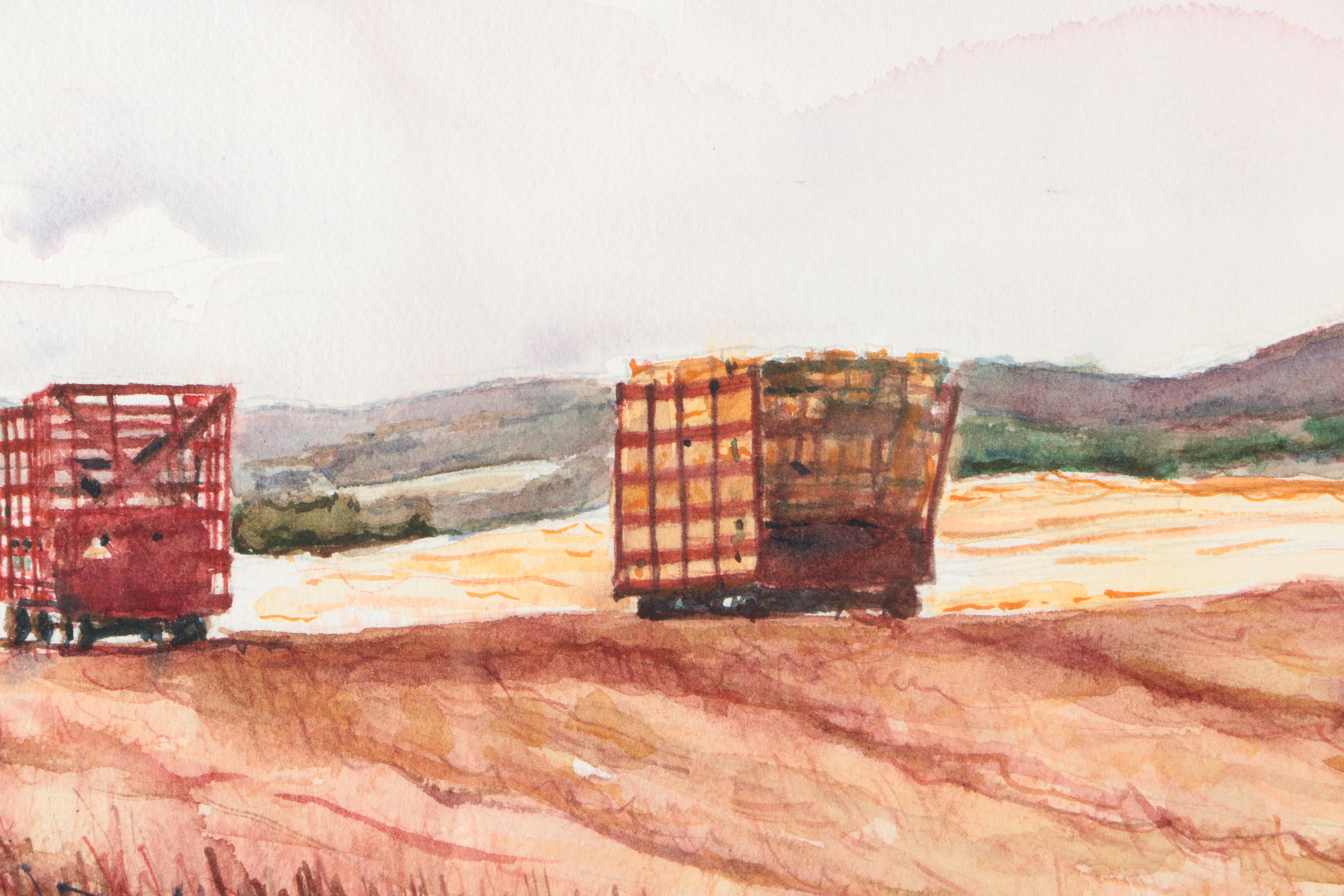 Antonio J. Mendez Watercolor of Hay Wagons