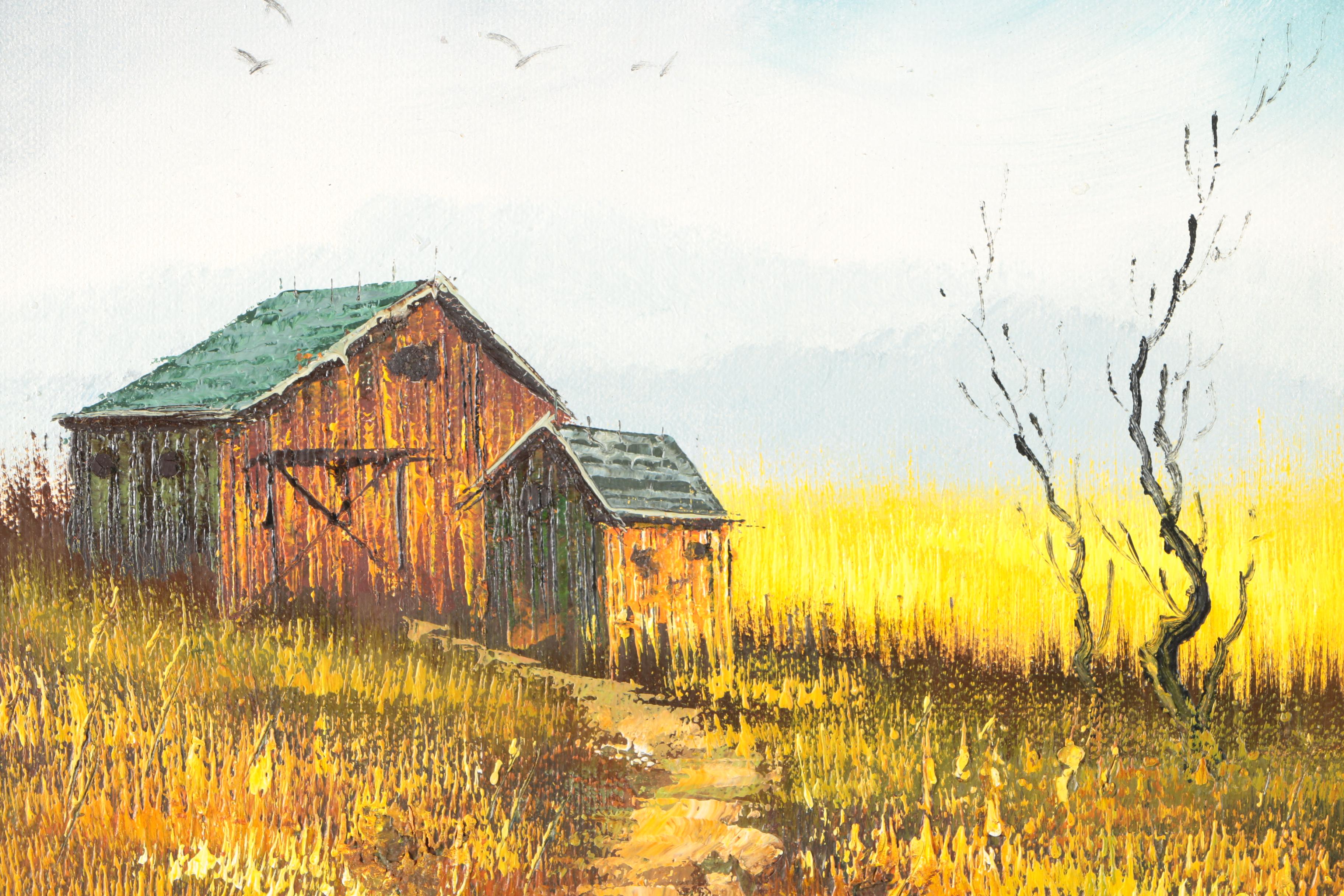 1970s Oil on Canvas Board of Rural Landscape Scene