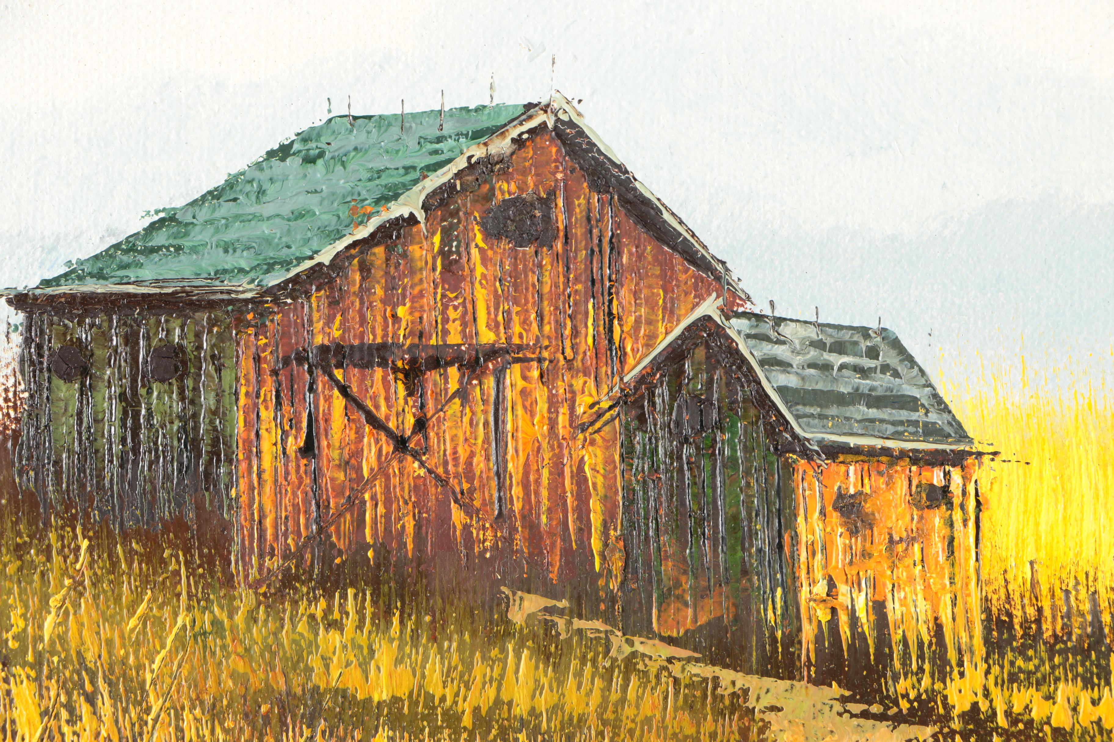 1970s Oil on Canvas Board of Rural Landscape Scene