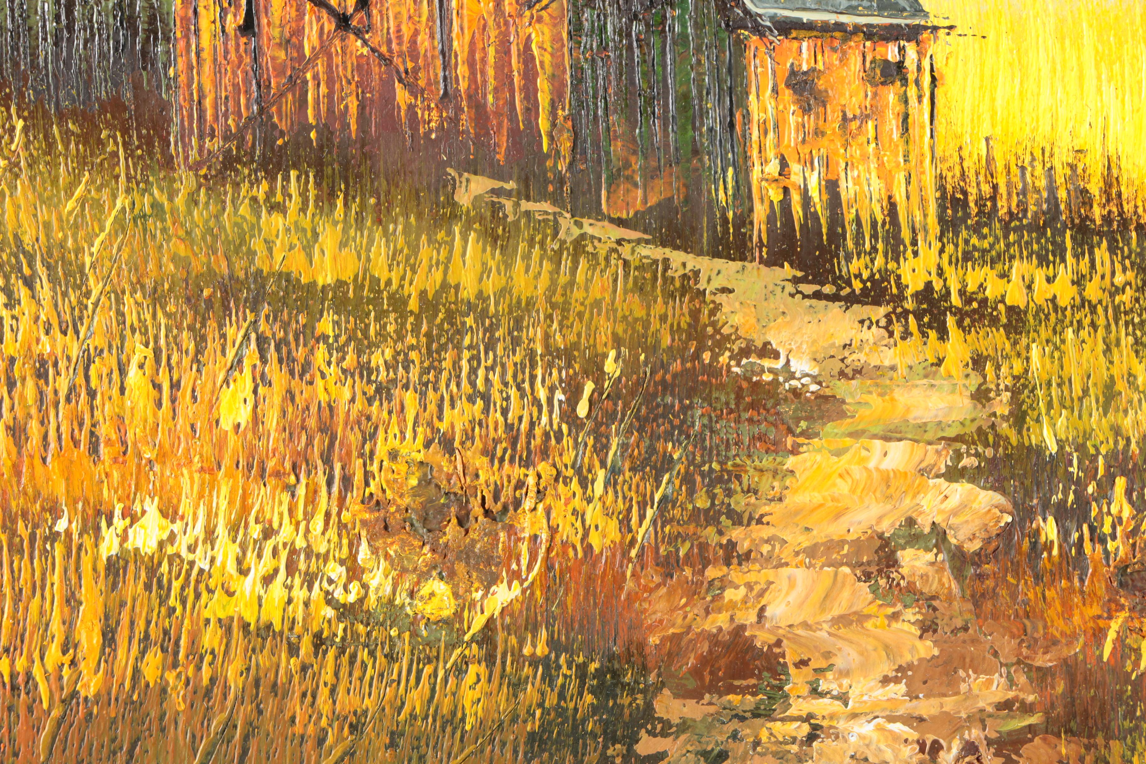 1970s Oil on Canvas Board of Rural Landscape Scene