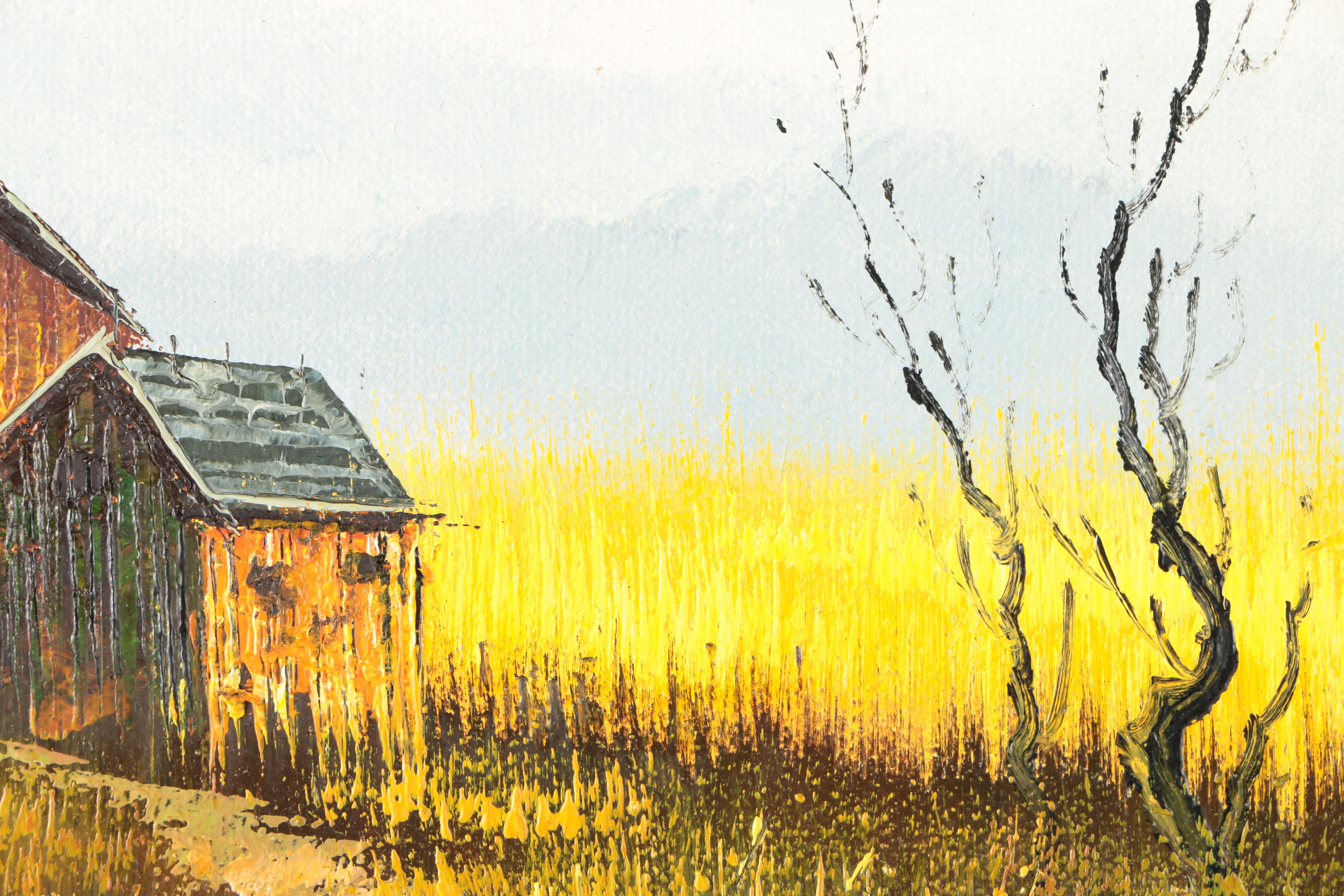 1970s Oil on Canvas Board of Rural Landscape Scene