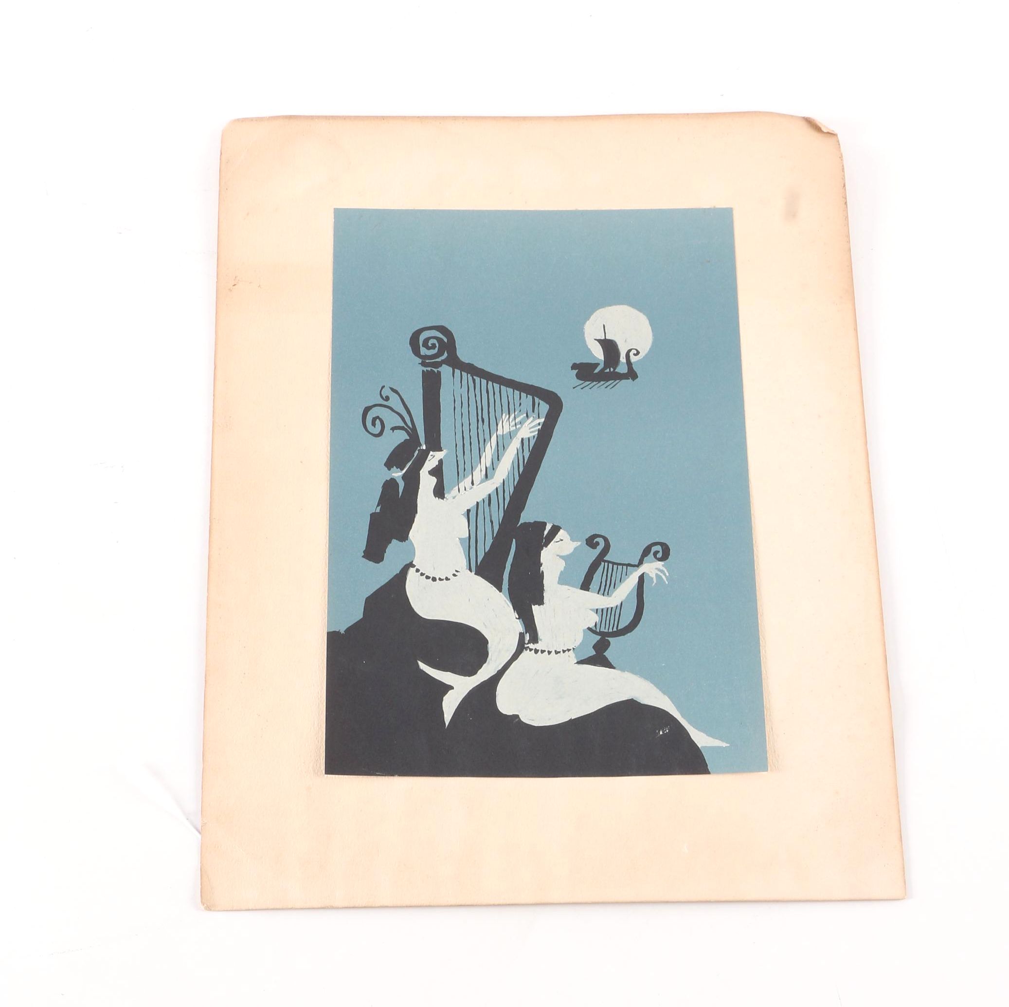 Lithograph of Two Mermaids Singing