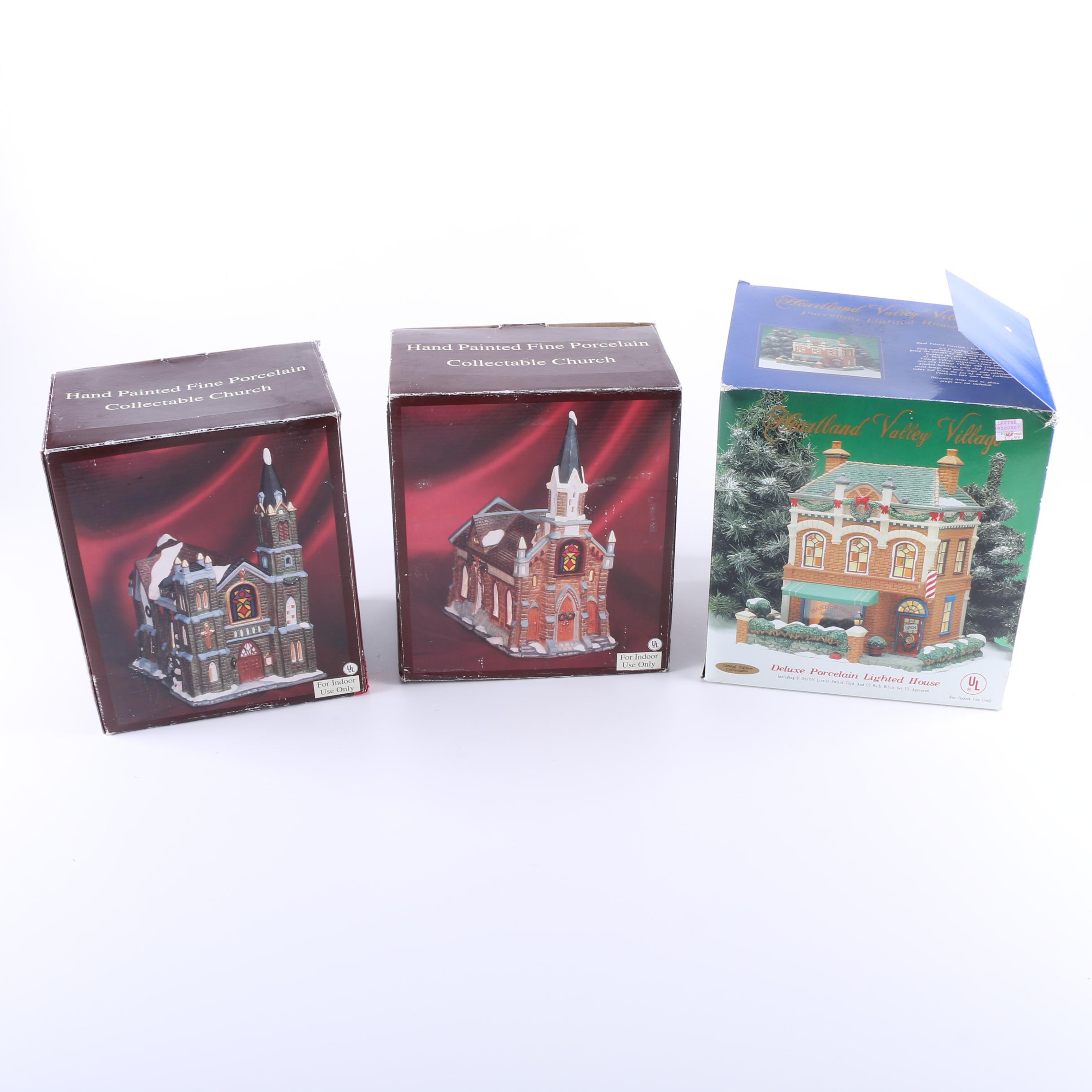 Christmas Village Ceramic Light-Up Churches and Shop Building