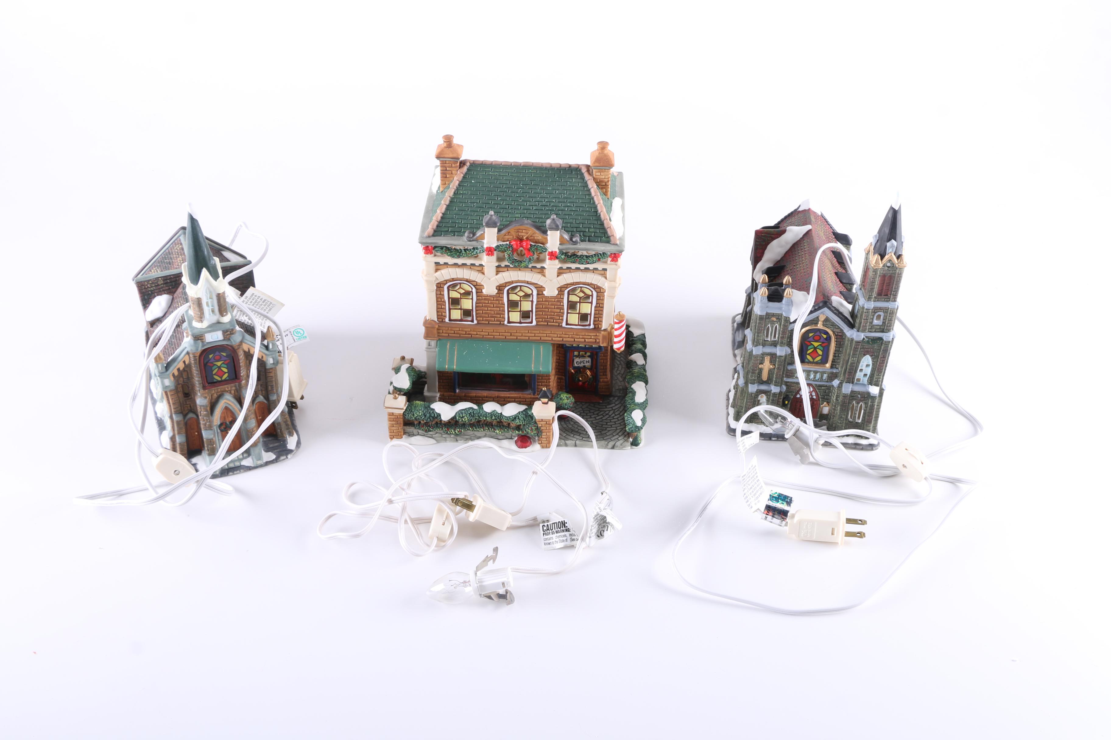 Christmas Village Ceramic Light-Up Churches and Shop Building
