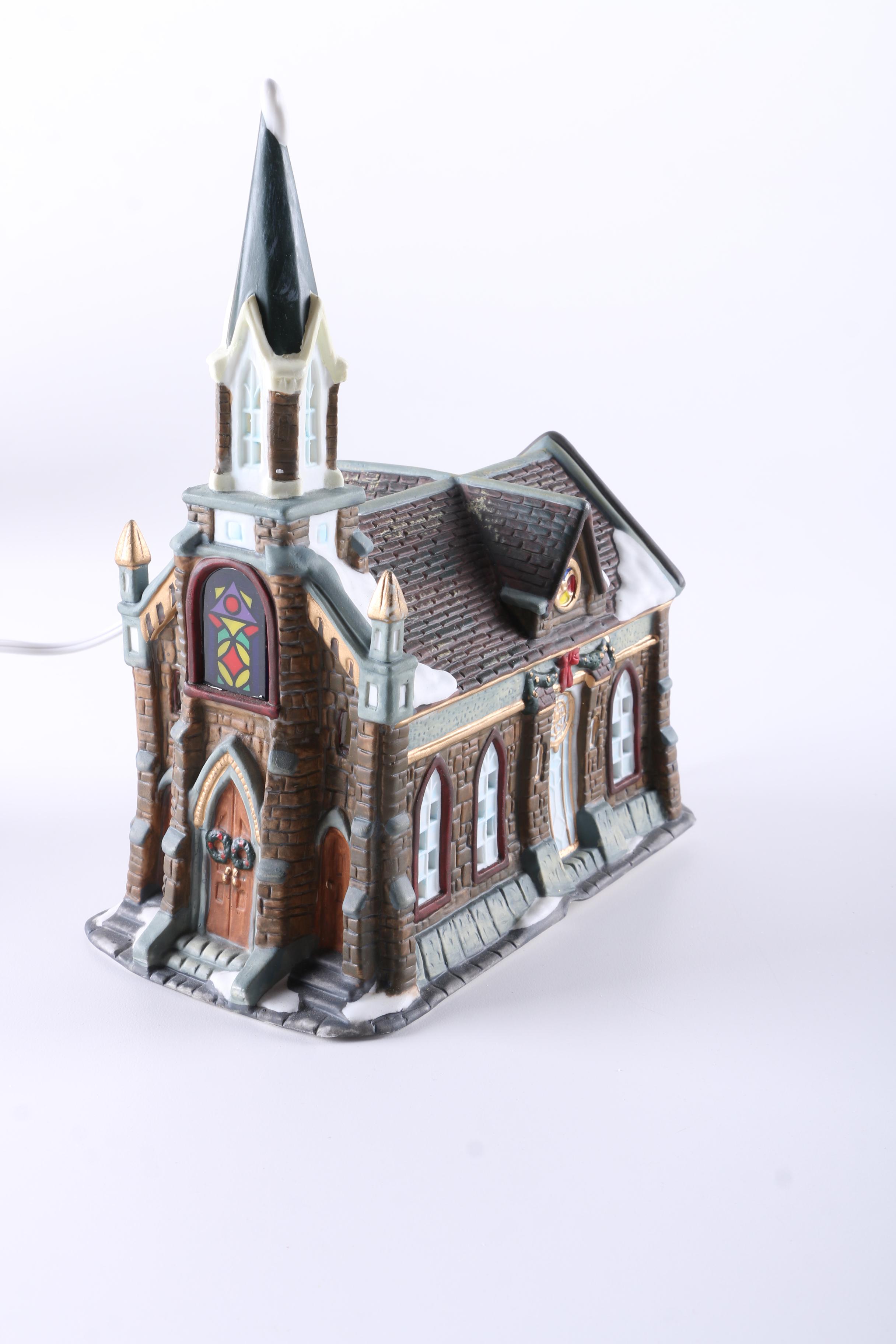 Christmas Village Ceramic Light-Up Churches and Shop Building