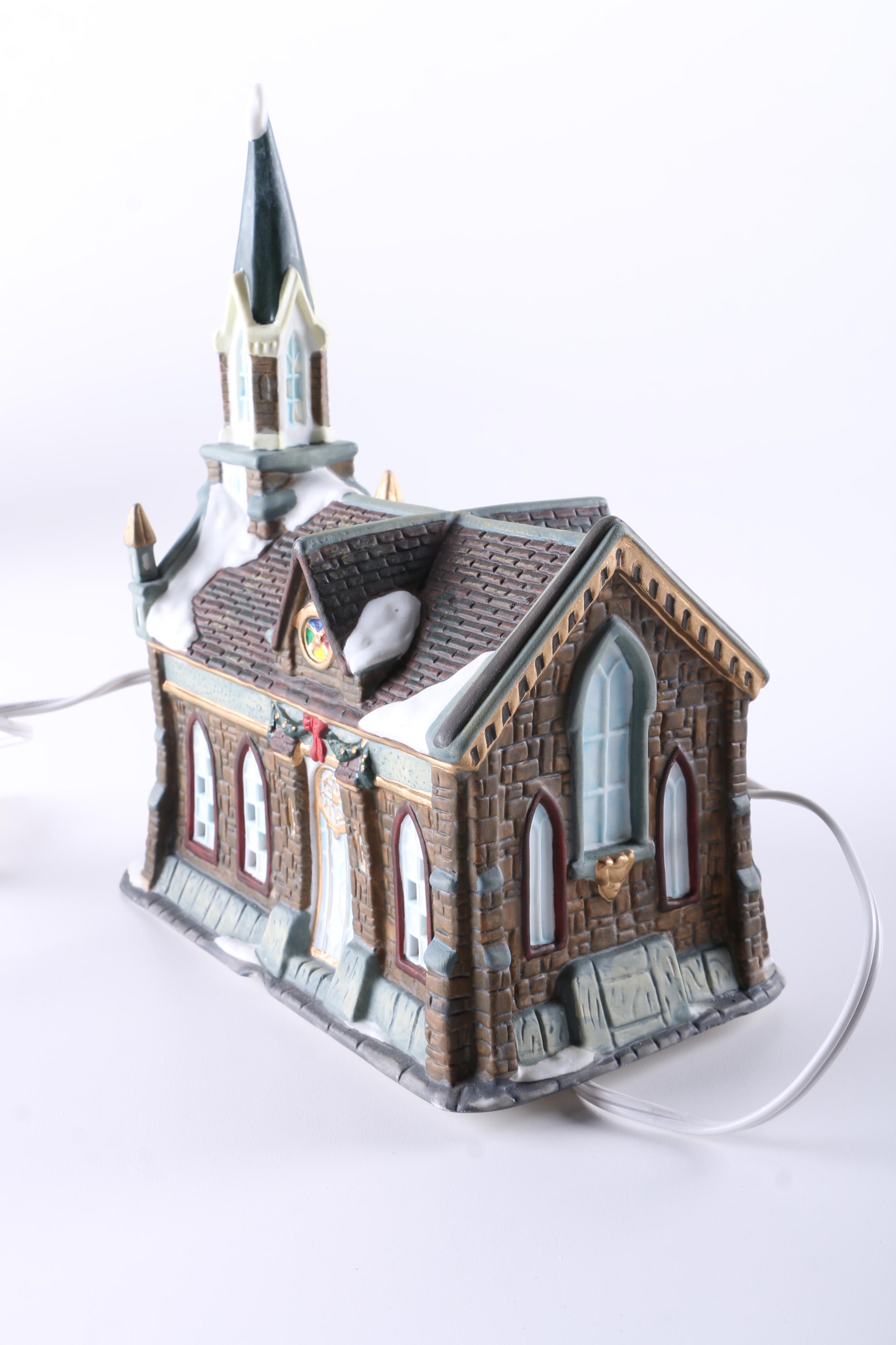 Christmas Village Ceramic Light-Up Churches and Shop Building