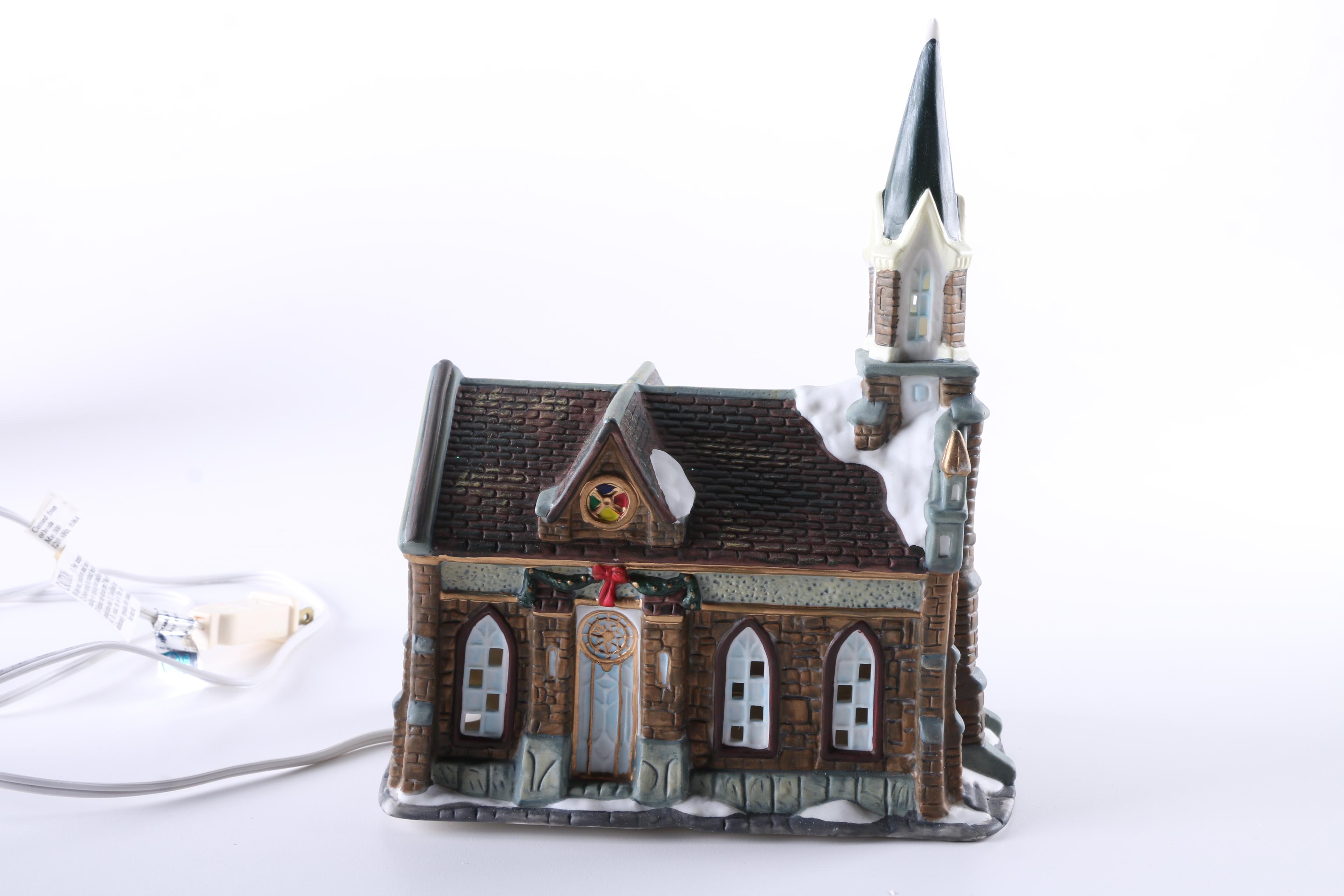Christmas Village Ceramic Light-Up Churches and Shop Building