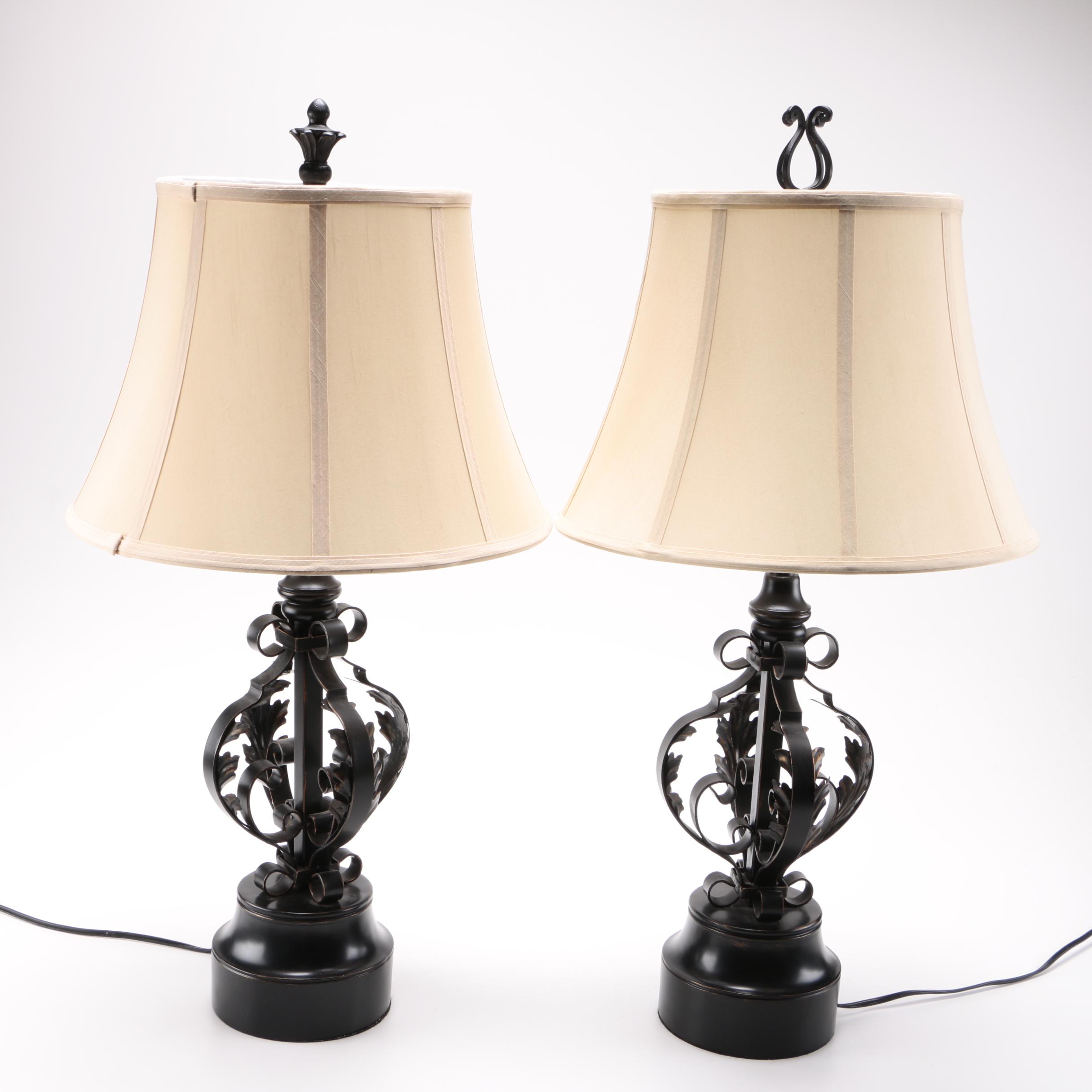 Two Black Metal Scolled Table Lamps