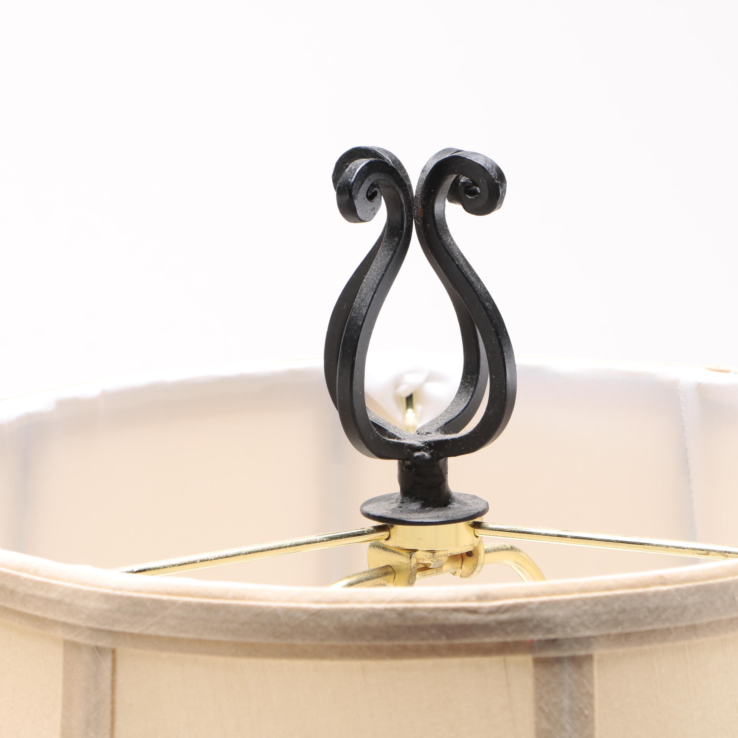 Two Black Metal Scolled Table Lamps