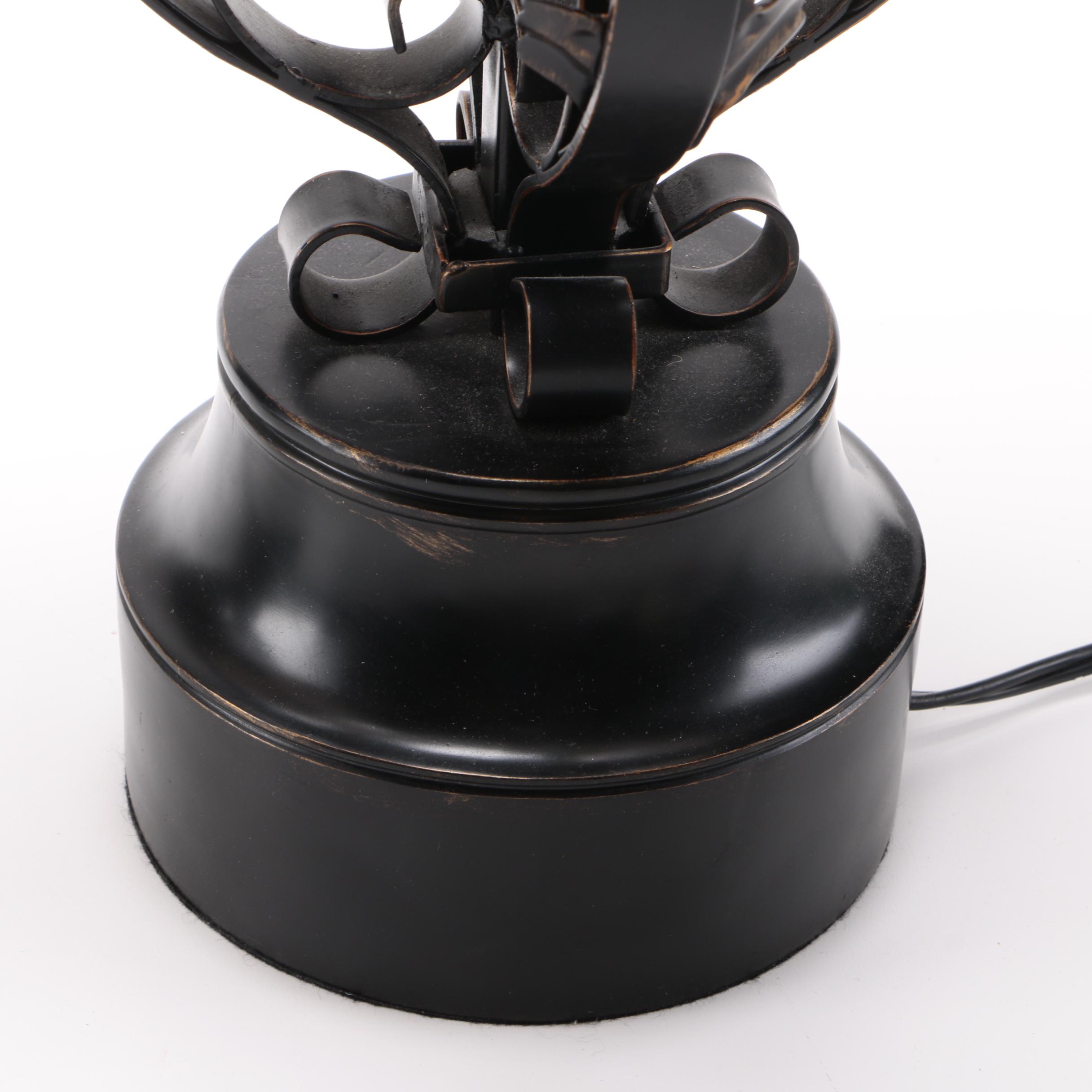 Two Black Metal Scolled Table Lamps
