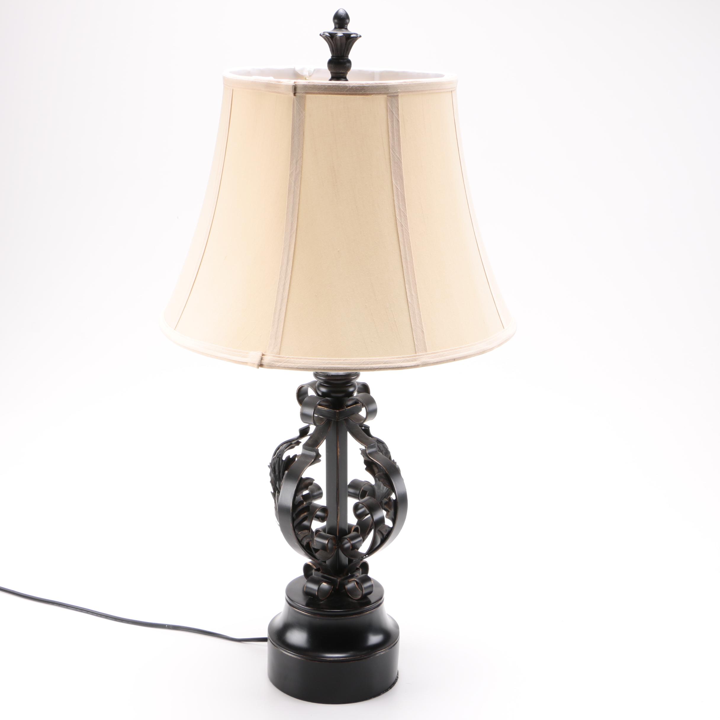 Two Black Metal Scolled Table Lamps