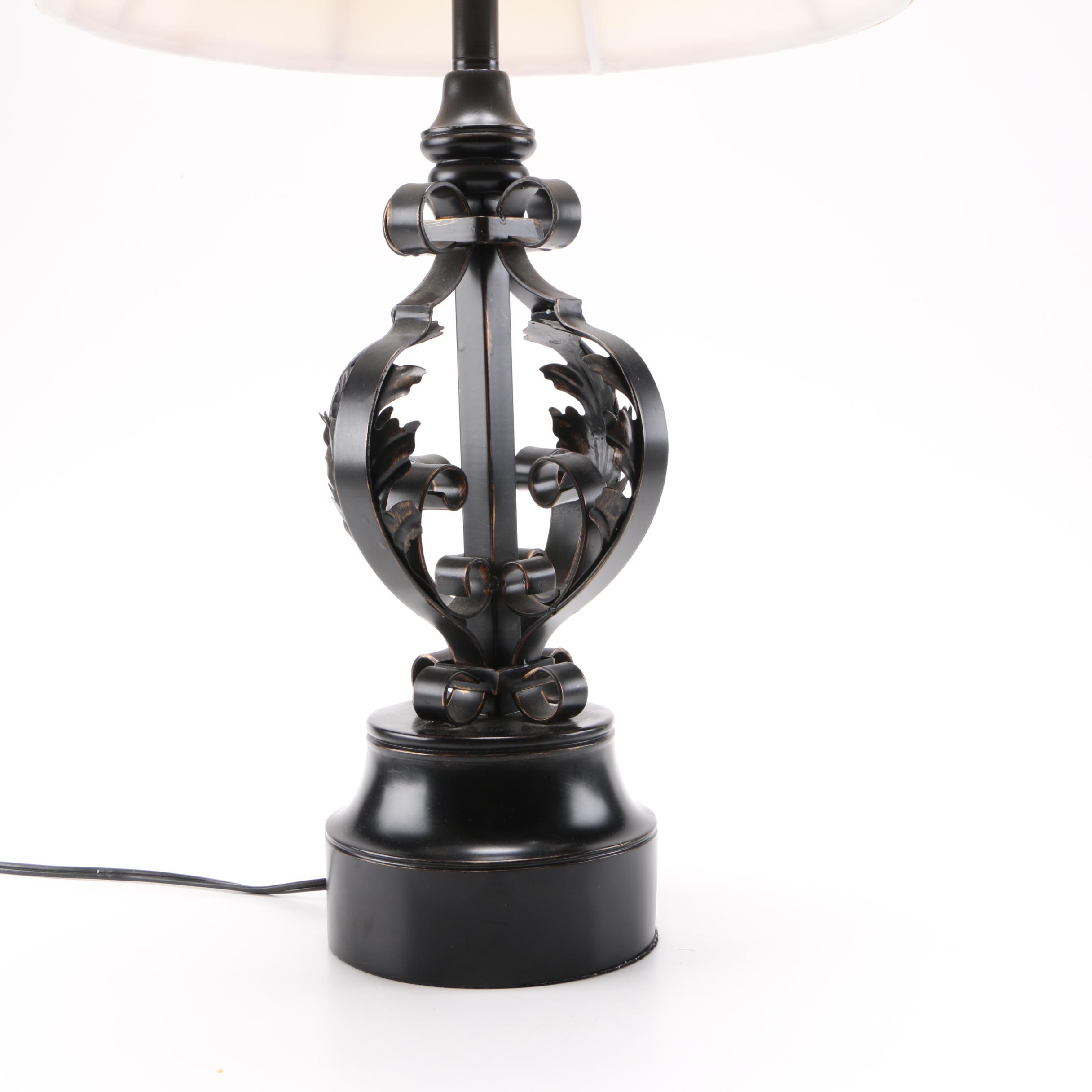 Two Black Metal Scolled Table Lamps