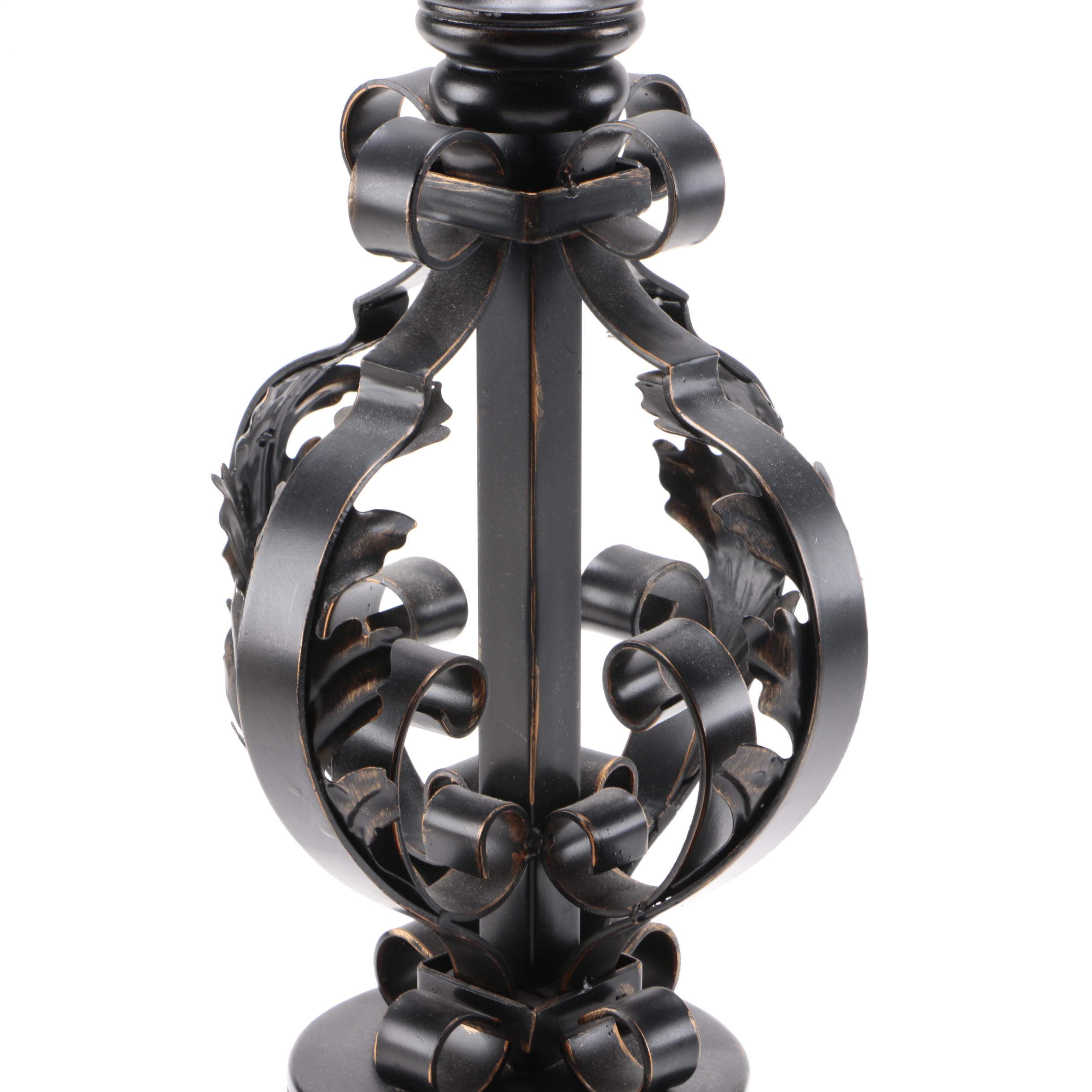 Two Black Metal Scolled Table Lamps