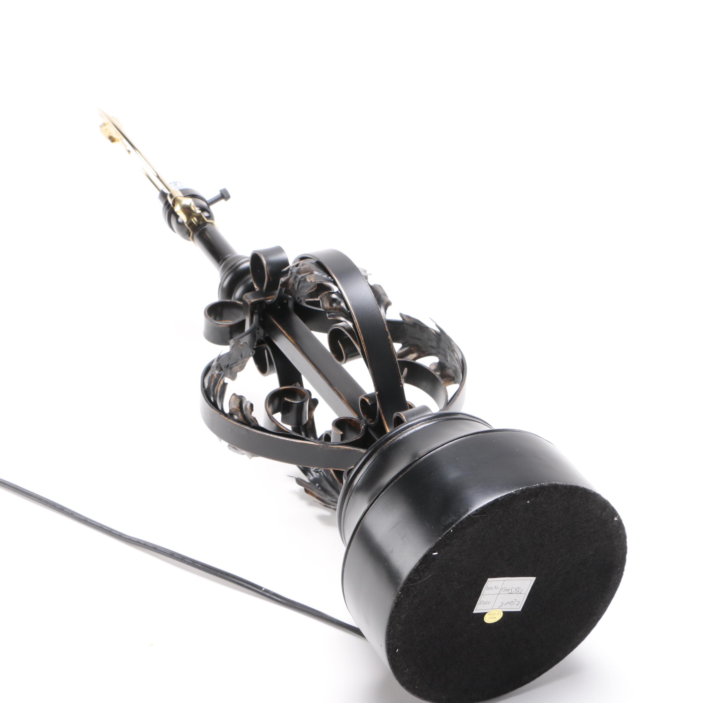 Two Black Metal Scolled Table Lamps