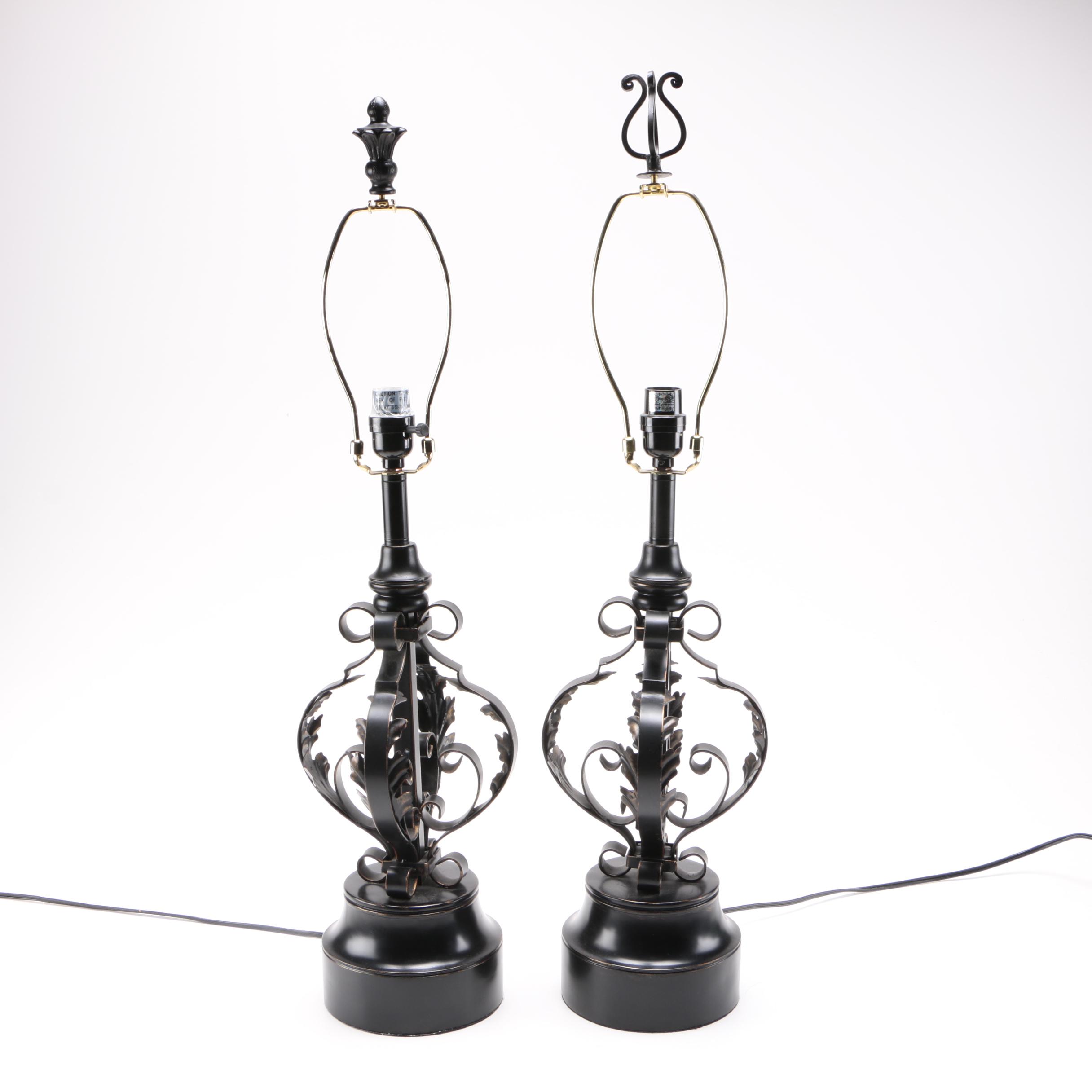 Two Black Metal Scolled Table Lamps