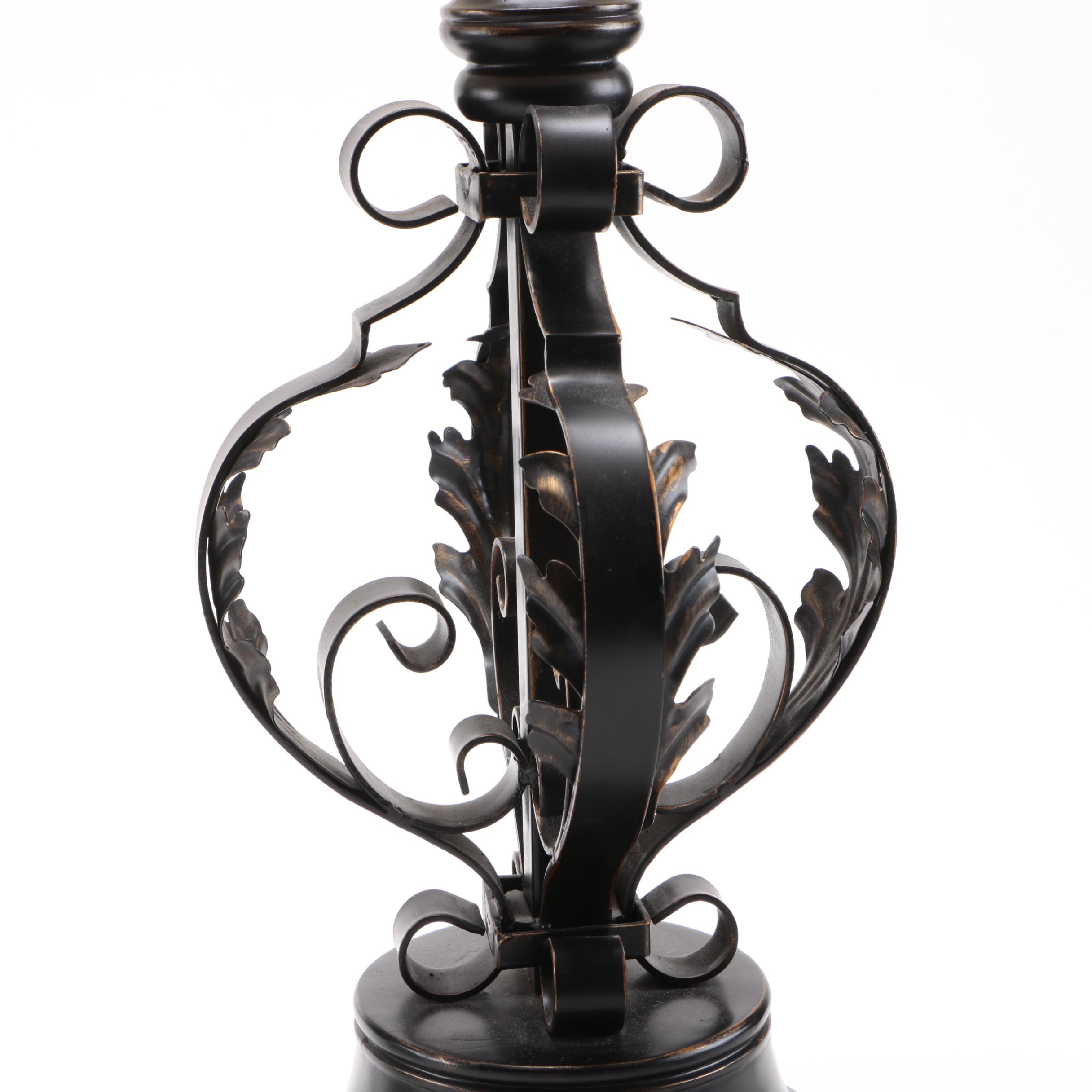 Two Black Metal Scolled Table Lamps