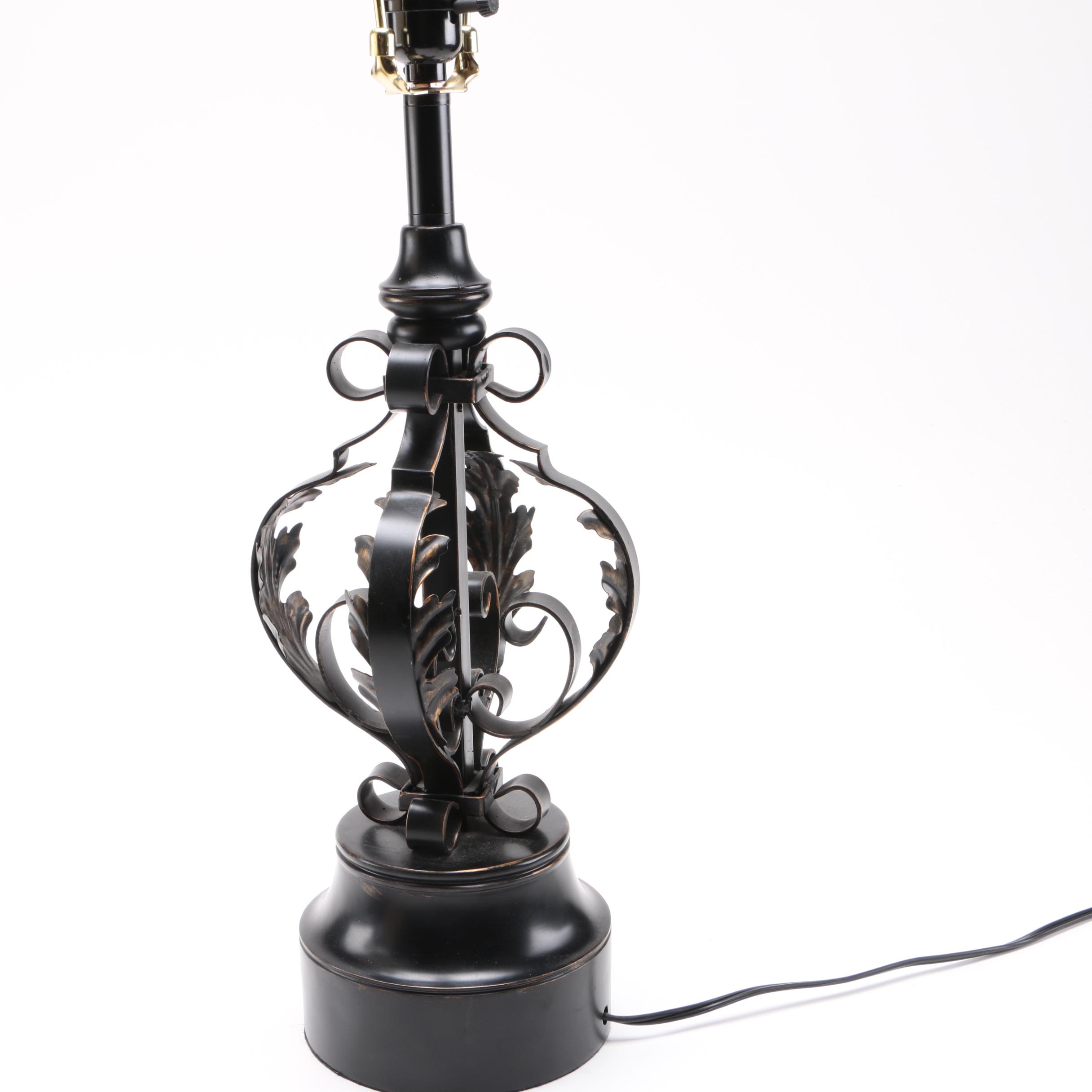 Two Black Metal Scolled Table Lamps