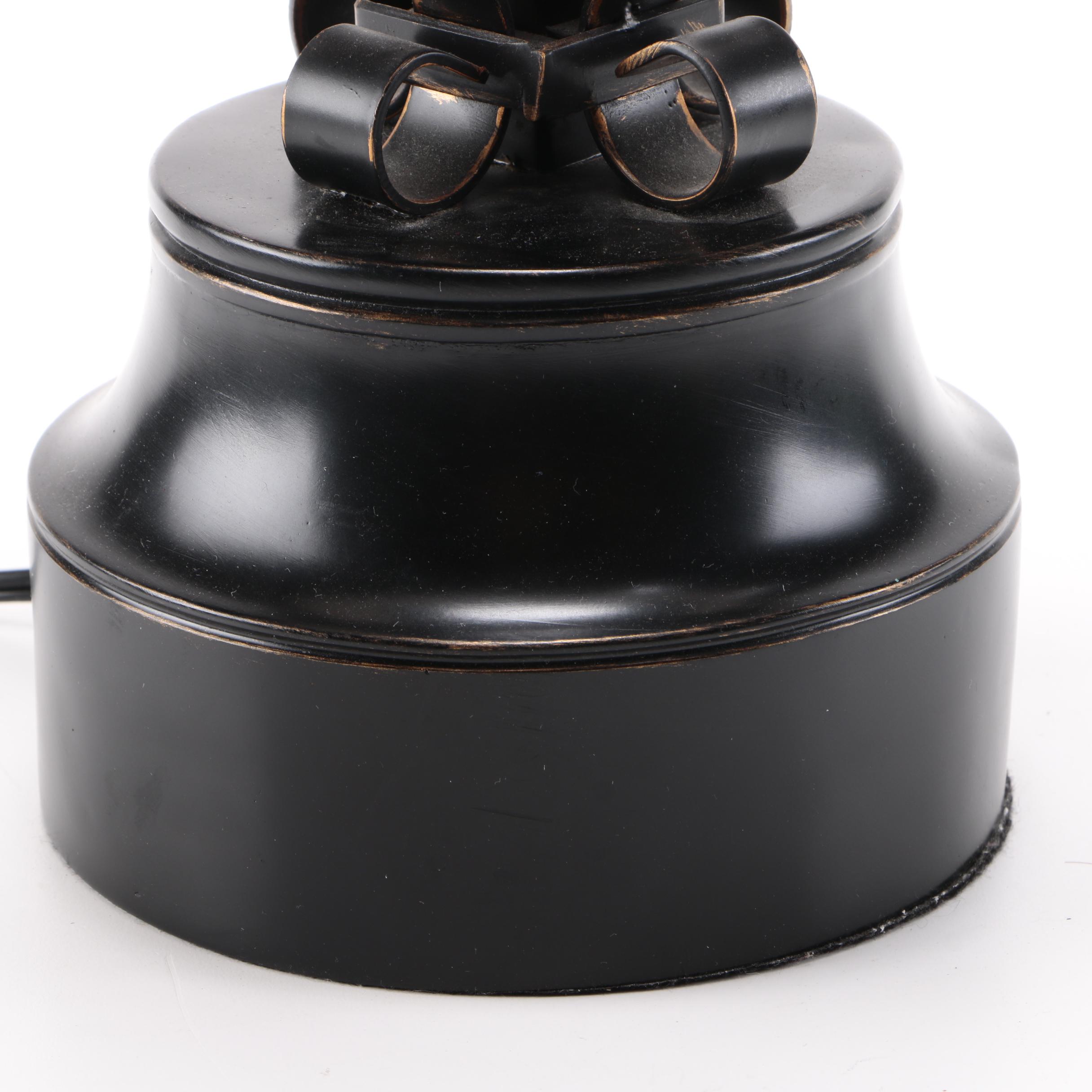 Two Black Metal Scolled Table Lamps