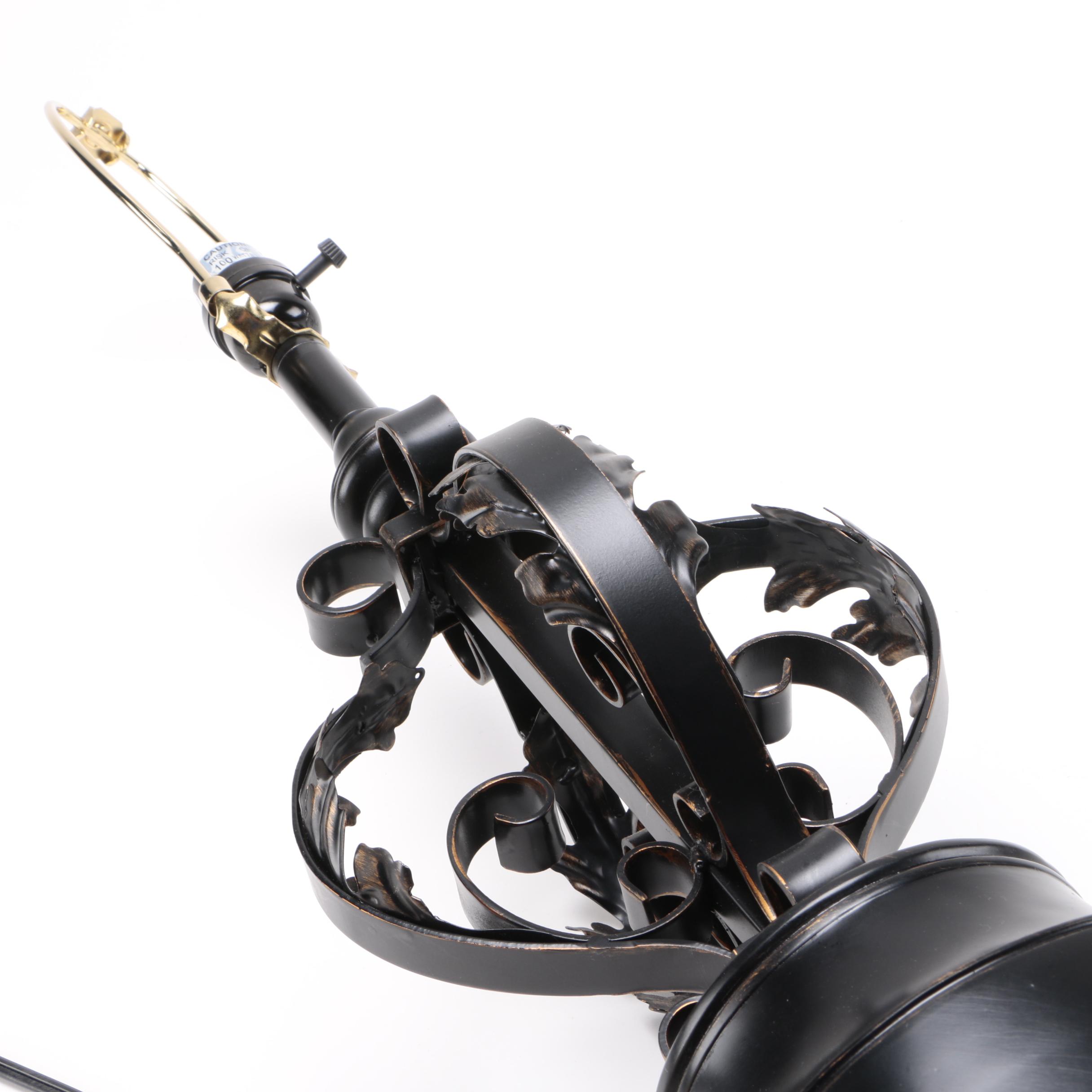 Two Black Metal Scolled Table Lamps