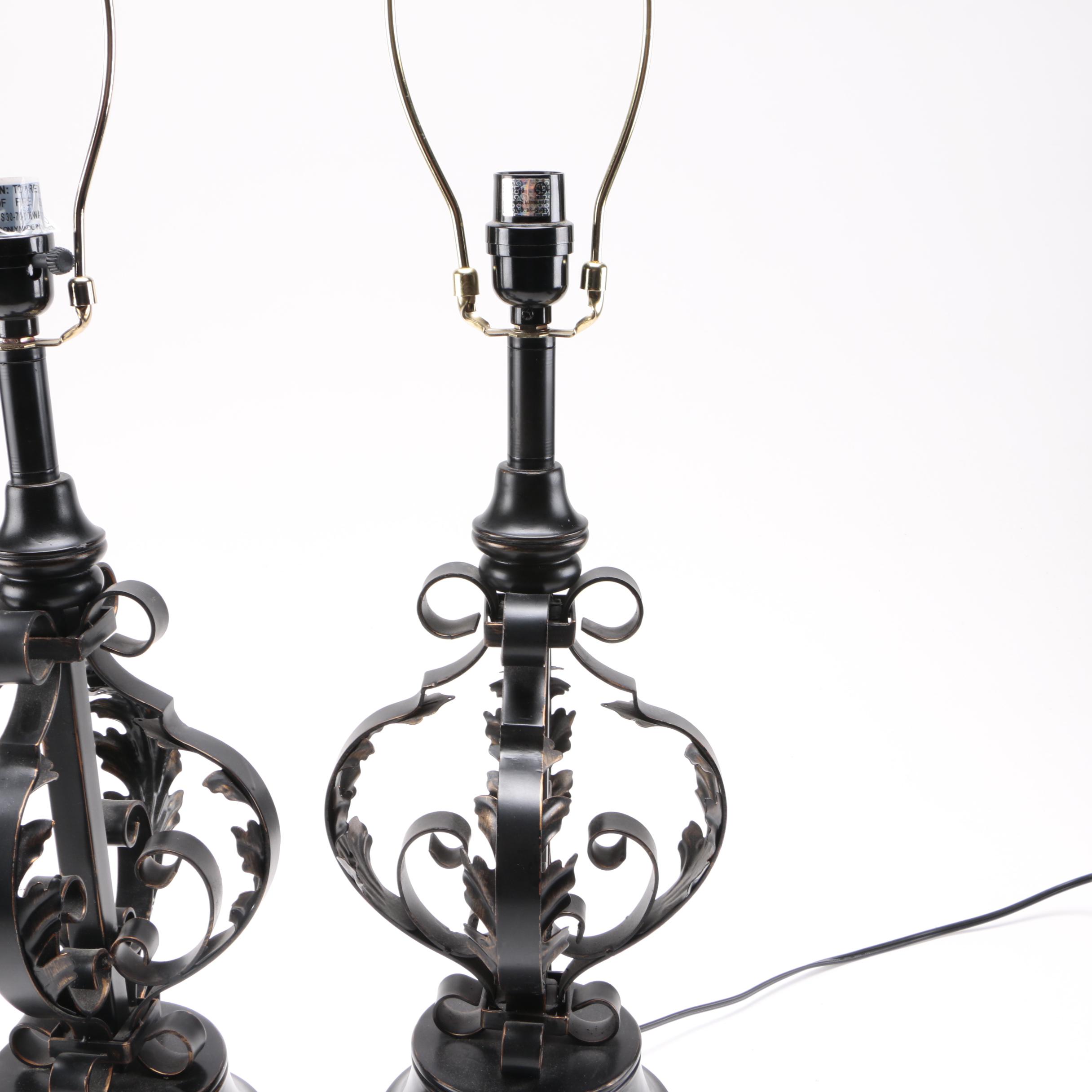 Two Black Metal Scolled Table Lamps