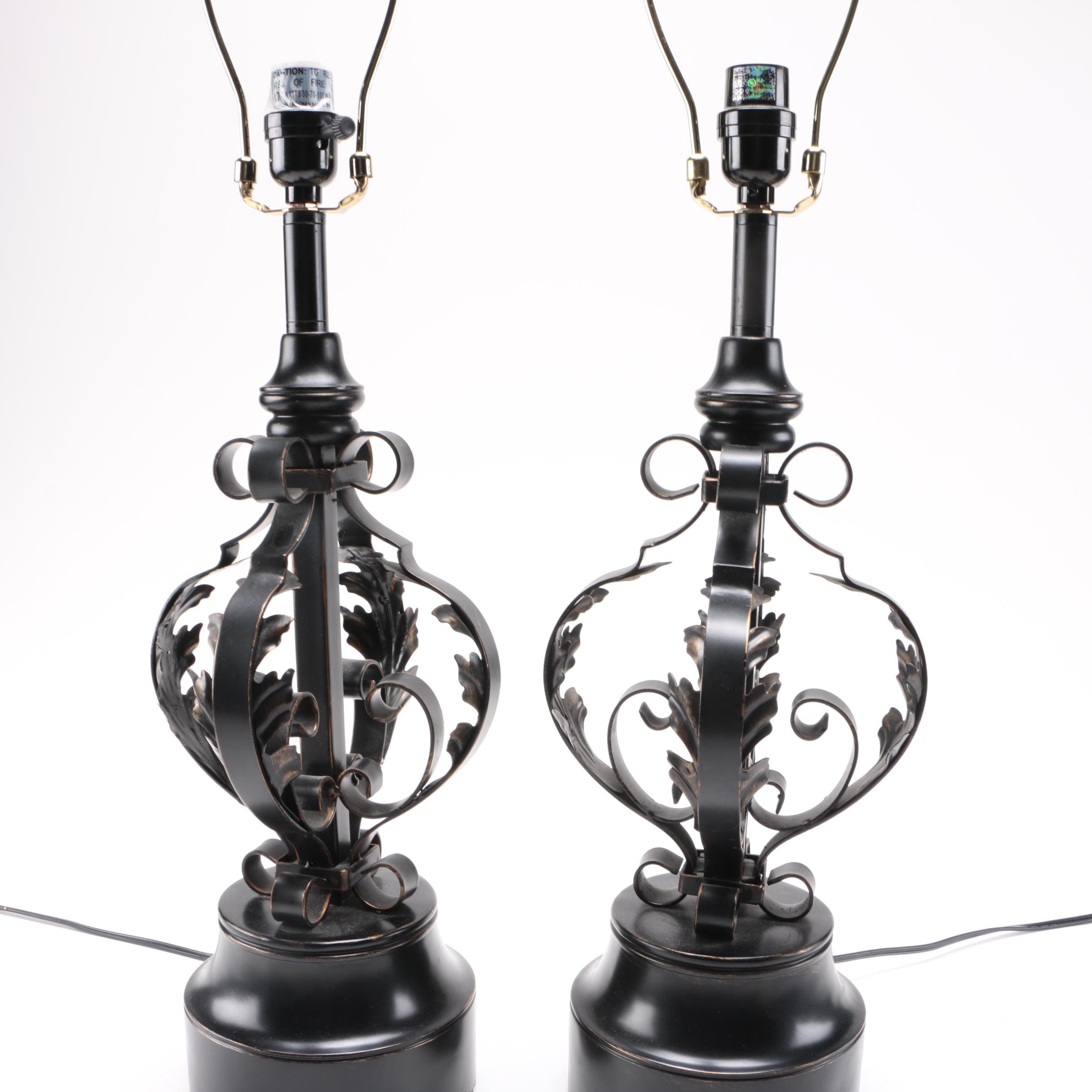 Two Black Metal Scolled Table Lamps