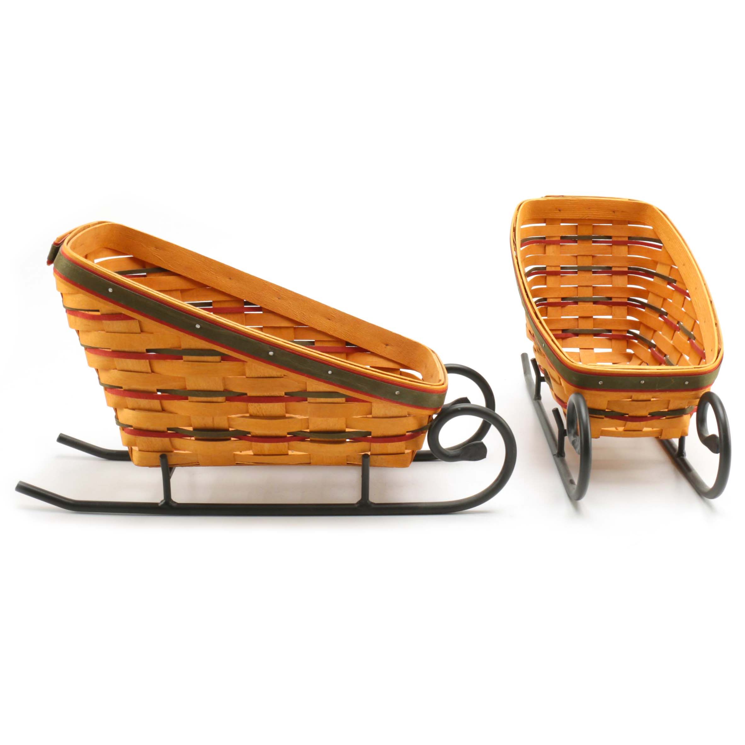 Longaberger Handwoven Sleigh Baskets with Metal Stands