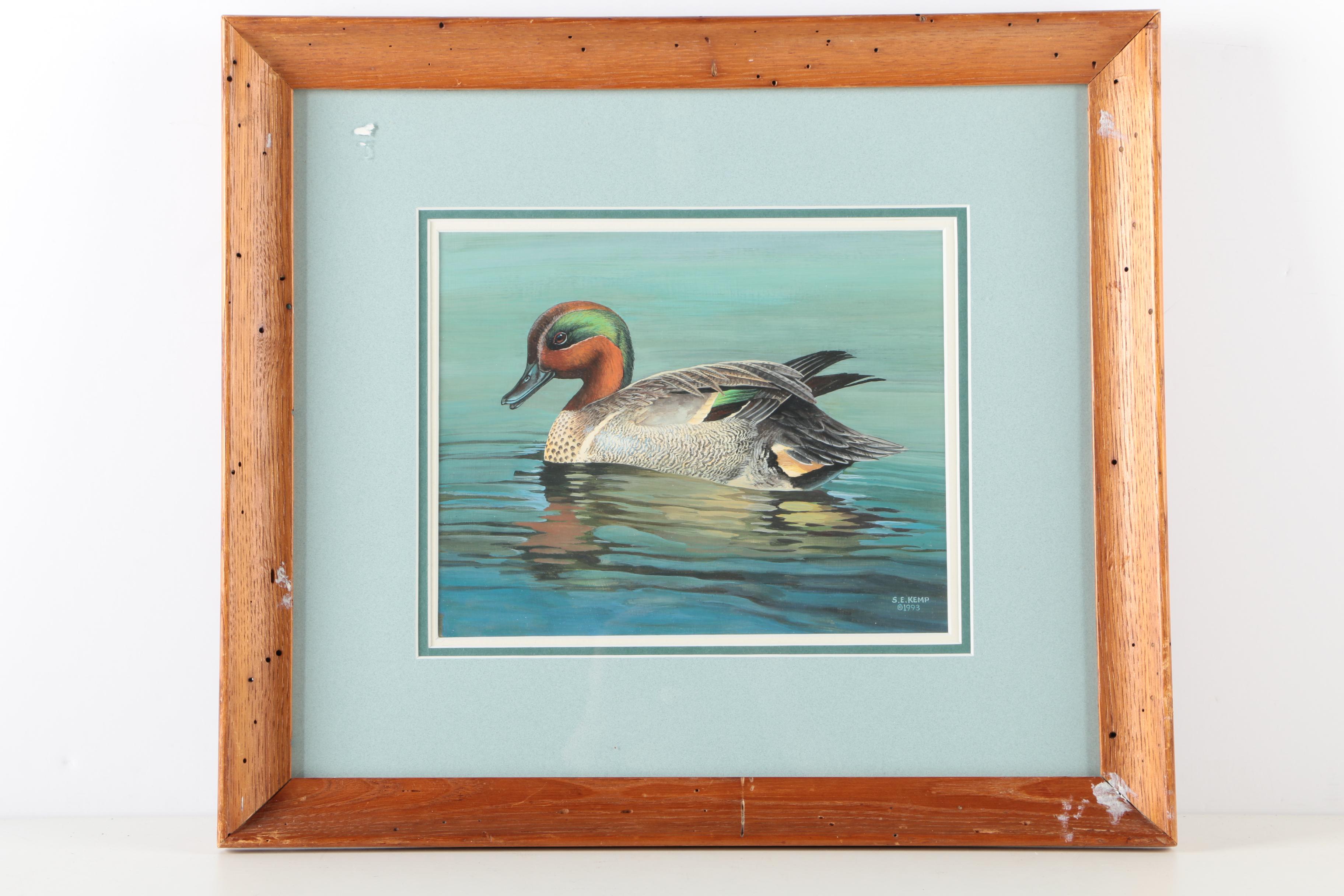 S.E. Kemp Oil Painting With a Pair of Offset Lithographs of Birds