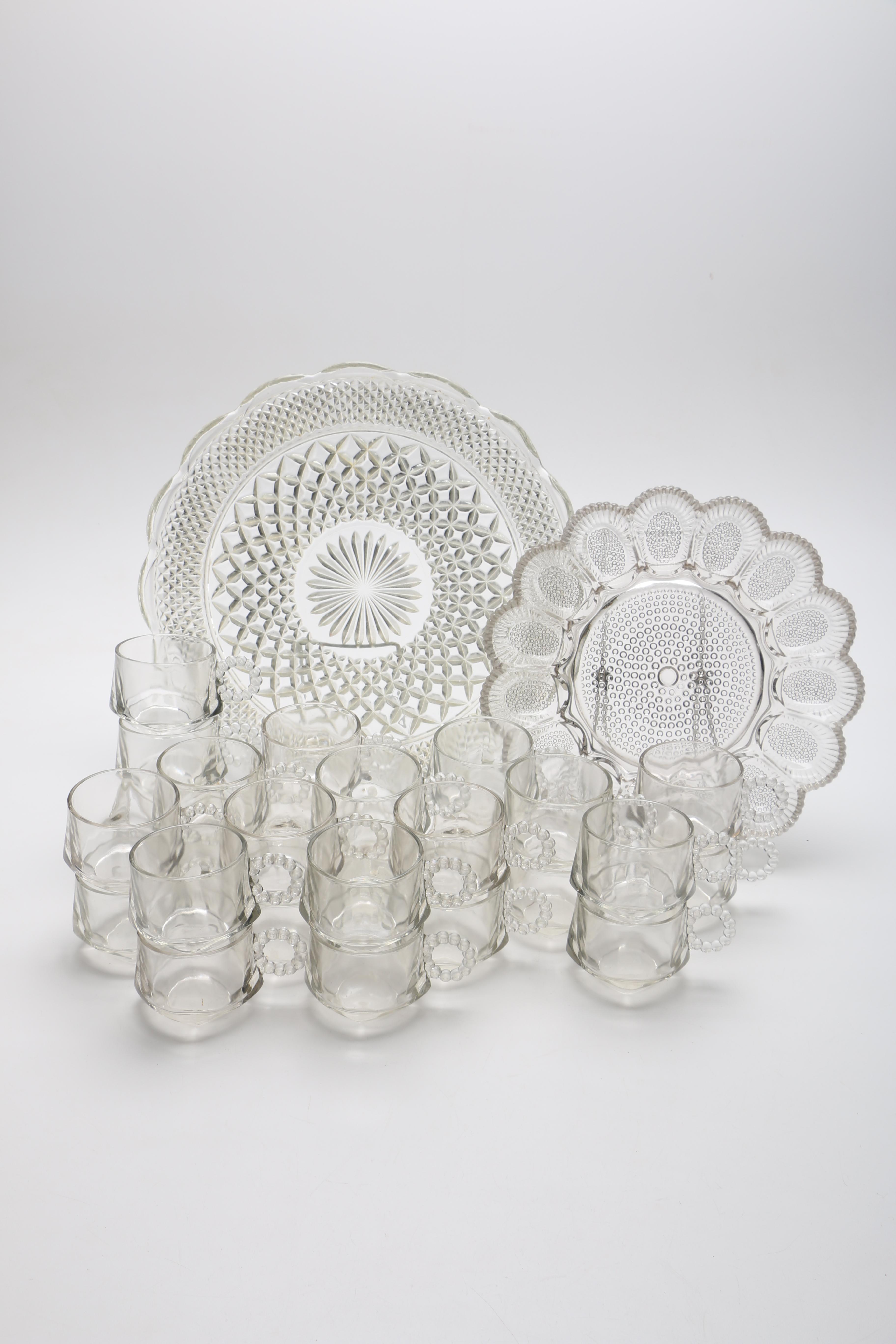 Pressed Glass Platters and Mugs Including "Candlewick"